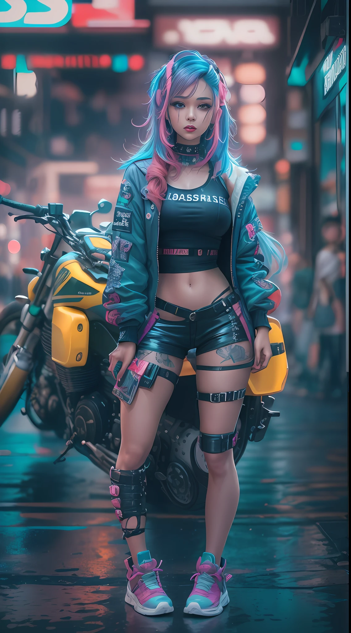 masterpiece, best quality, 1 cyberpunk girl, full body shot, standing in front of motorcycle, looking at viewer, Confident cyberpunk girl with sassy expression, Harajuku-inspired pop outfit, bold colors and patterns, eye-catching accessories, trendy and innovative hairstyle, vibrant makeup, Cyberpunk dazzling cityscape, skyscrapers, neon signs, LED lights, bright and vivid color scheme, anime, illustration, detailed skin texture, detailed cloth texture, beautiful detailed face, intricate details, ultra detailed.