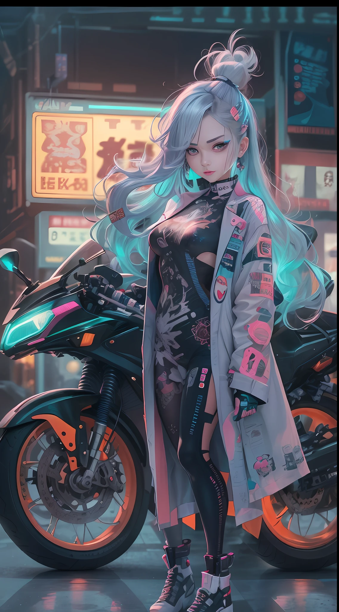masterpiece, best quality, 1 cyberpunk girl, full body shot, standing in front of motorcycle, looking at viewer, Confident cyberpunk girl with sassy expression, Harajuku-inspired pop outfit, bold colors and patterns, eye-catching accessories, trendy and innovative hairstyle, vibrant makeup, Cyberpunk dazzling cityscape, skyscrapers, neon signs, LED lights, bright and vivid color scheme, anime, illustration, detailed skin texture, detailed cloth texture, beautiful detailed face, intricate details, ultra detailed.