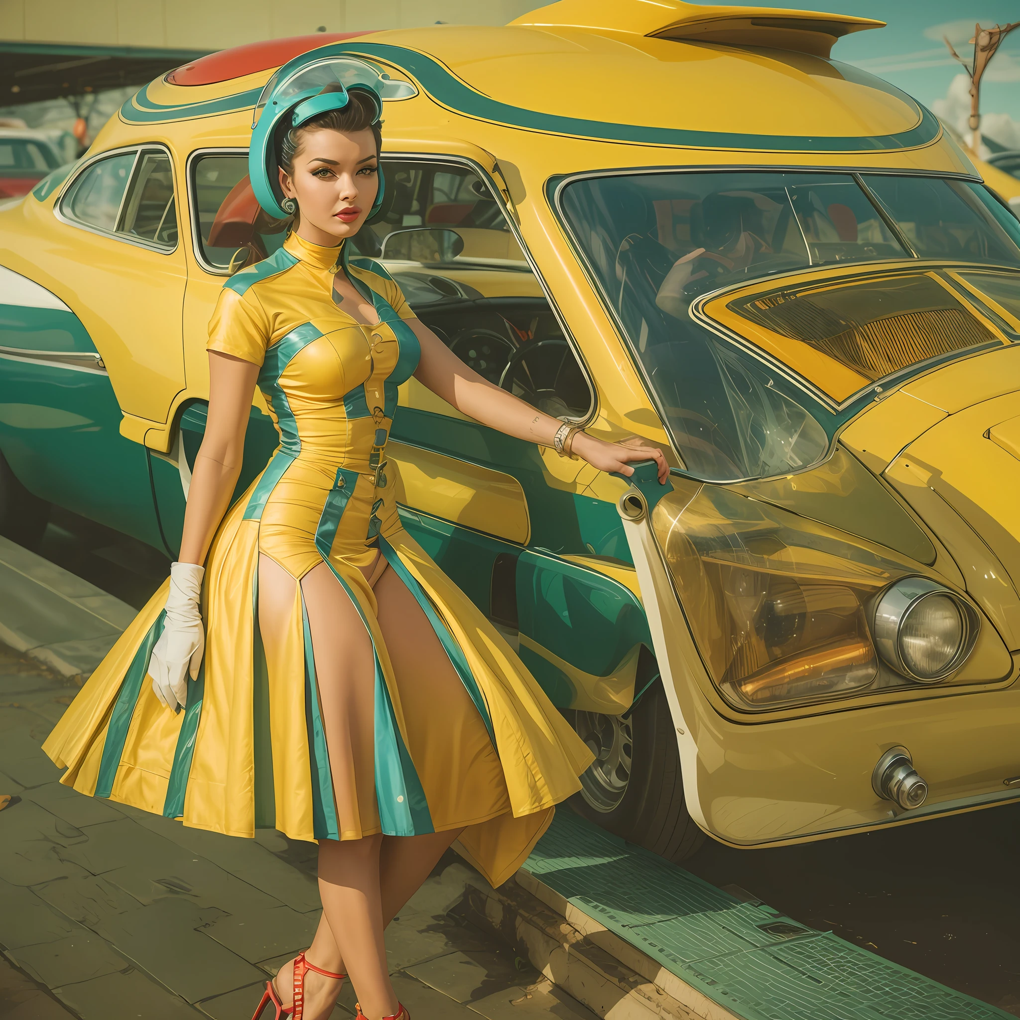 uma mulher em um vestido azul ao lado de um carro amarelo, Estilo = retrofuturismo, Retro Futuristic Fashion, as a retro futuristic heroine, retro futuristic style, retro futurism 1 9 5 0 s, 5 0's vintage sci - estilo fi, 1 9 5 0 Futuristas, 60s science fiction pinup style, retro futurism style, retro - futuristic