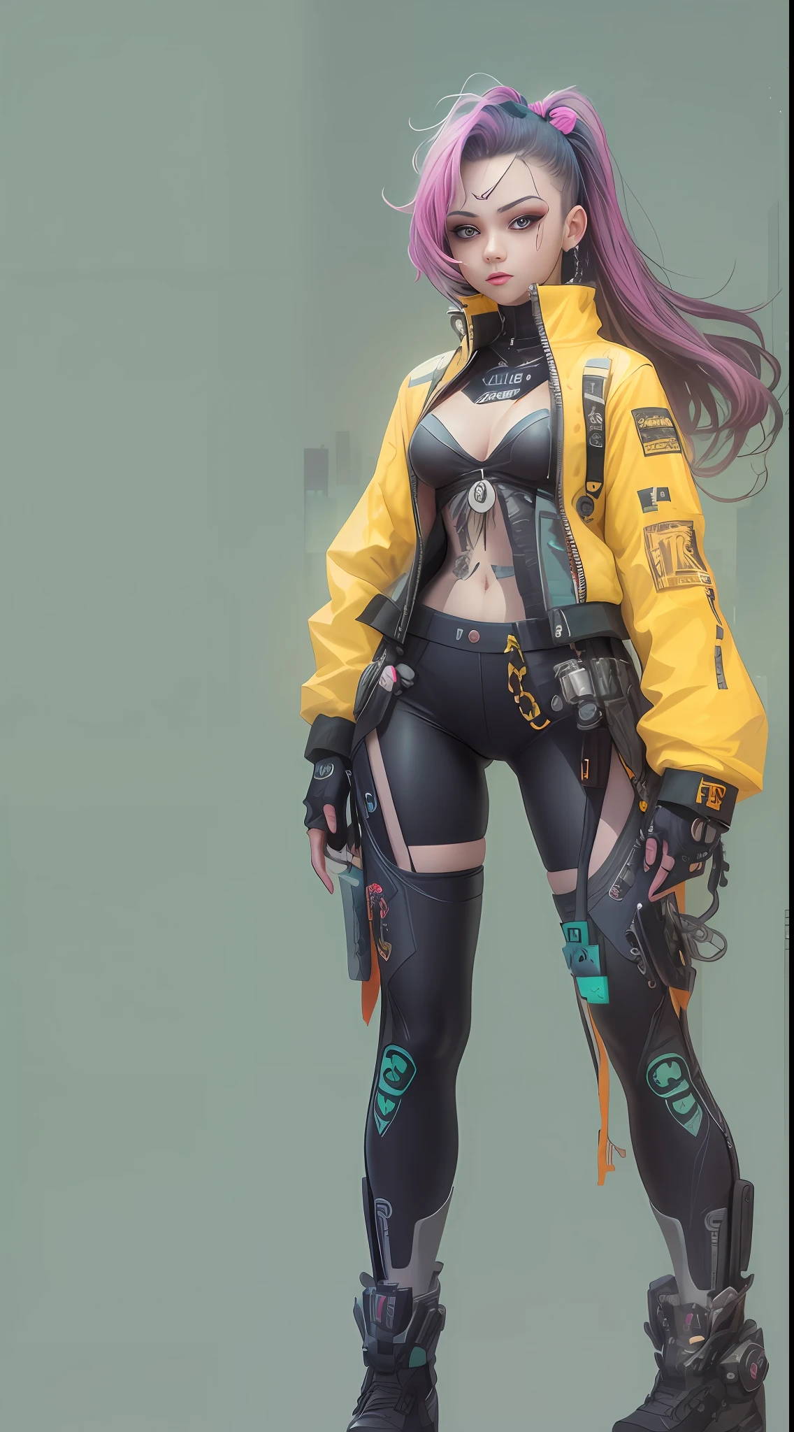 masterpiece, best quality, 1 cyberpunk girl, full body shot, standing in front of motorcycle, looking at viewer, Confident cyberpunk girl with sassy expression, Harajuku-inspired pop outfit, bold colors and patterns, eye-catching accessories, trendy and innovative hairstyle, vibrant makeup, Cyberpunk dazzling cityscape, skyscrapers, neon signs, LED lights, bright and vivid color scheme, anime, illustration, detailed skin texture, detailed cloth texture, beautiful detailed face, intricate details, ultra detailed.