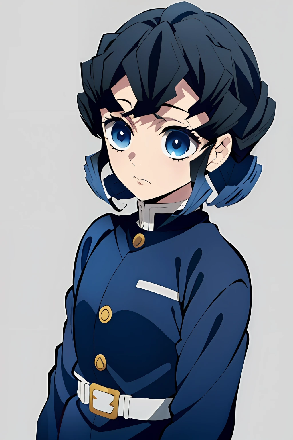 Kimetsu no Yaiba style, 1girl, short hairstyle, navy blue hair, short curly curls, blue eyes, Demon Slayer Uniform, little chest, 独奏, anime coloring, ((Masterpiece)), portraite of a