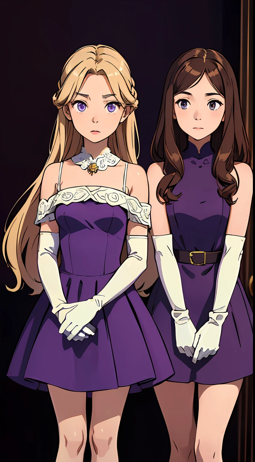 ((Masterpiece, highres)), 2girls, duo, twins, ((one brown haired girl, one blonde girl)), long hair, curly hair, matching hairstyles, different hair color, confident, elegant, rich girls, emotionless, arms at sides, straight backs, (((matching outfits, identical outfits, purple dress, elegant dress, shoulder length white gloves, opera gloves))), same pose, mansion