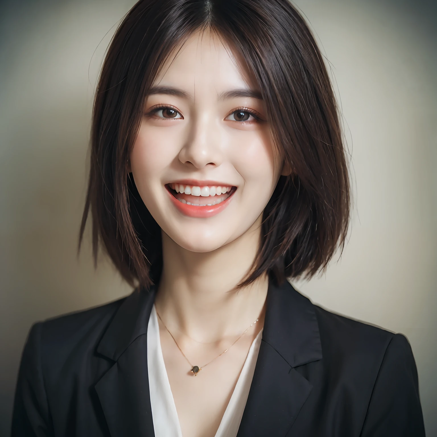Dressed, (photographrealistic:1.4), (Hyper realistic:1.4), (Realistic:1.3), (Smoother lighting:1.05), (increase cinematic lighting quality:0.9), 32K, 1girl in,25-years old, Realistic lighting, Backlighting, Light on Face, raytrace, (Brightening light:1.2), (Increase quality:1.4), (Top quality real texture skins:1.4), finely detailed eyes, finerly detailed face, (tired and sleepy and joy:0), (Laugh:1.4), Black Suit,a necklace, (Increase body line mood:1.1), (Increase the beauty of skin texture:1.1)