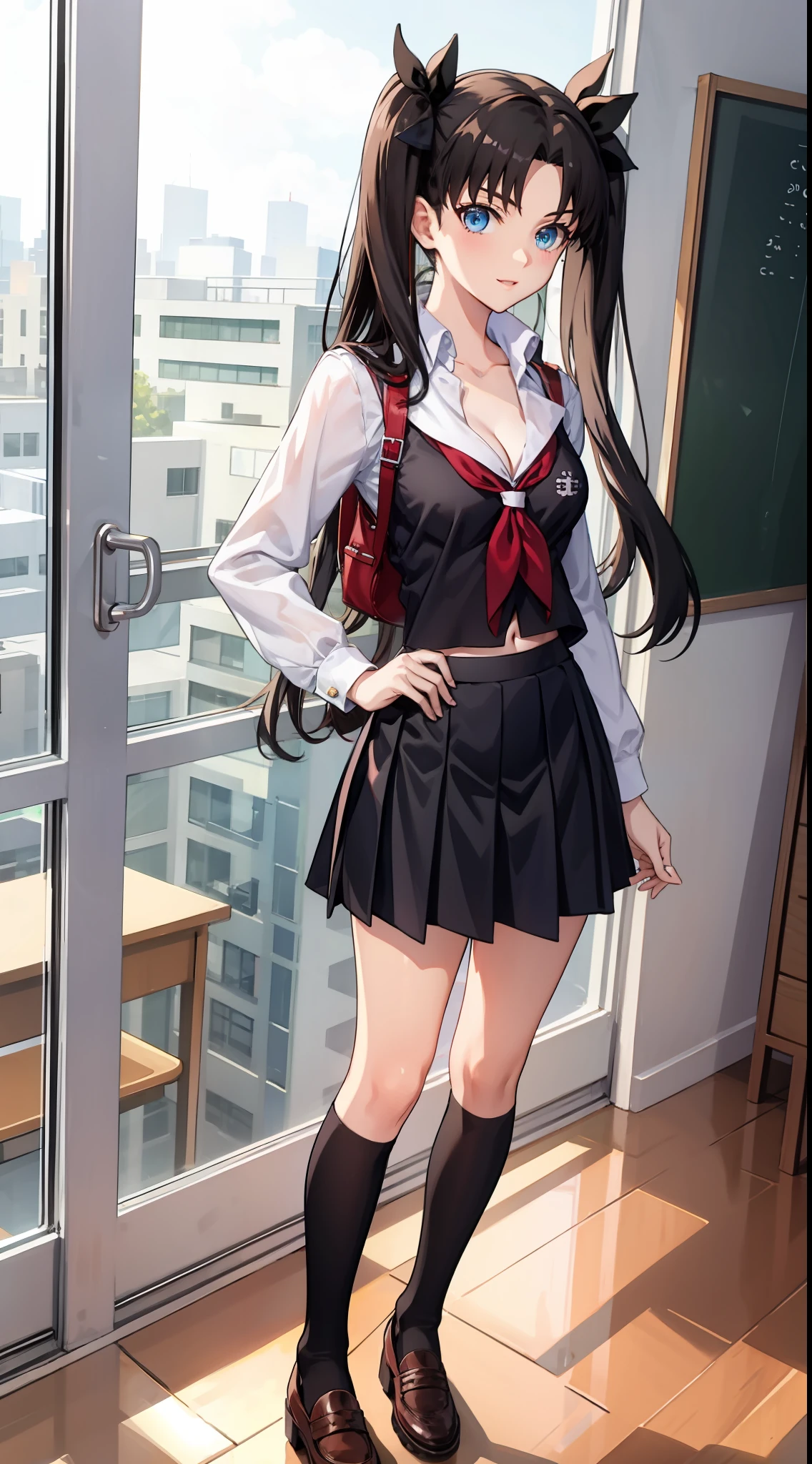 long hair, black hair, medium breast, slim legs, happy, cleavage, skirt, rin tohsaka, twin tail, navel, blue eyes, sunlight, school uniform, thigh high socks