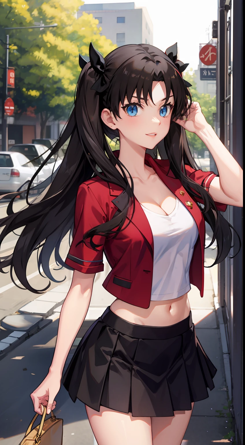 long hair, black hair, medium breast, slim legs, happy, cleavage, skirt, rin tohsaka, twin tail, navel, blue eyes, sunlight, school uniform