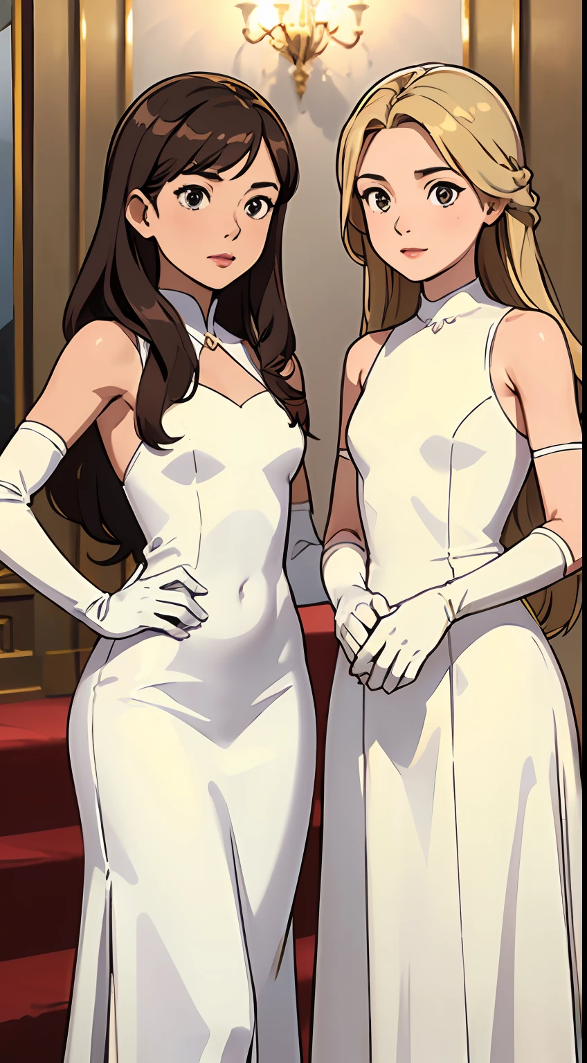 ((Masterpiece, highres)), 2girls, duo, twins, ((one brown haired girl, one blonde girl)), long hair, curly hair, matching hairstyles, different hair color, confident, elegant, rich girls, emotionless, arms at sides, straight backs, (((matching outfits, identical outfits, white dress, elegant dress, shoulder length white gloves, opera gloves))), same pose, mansion