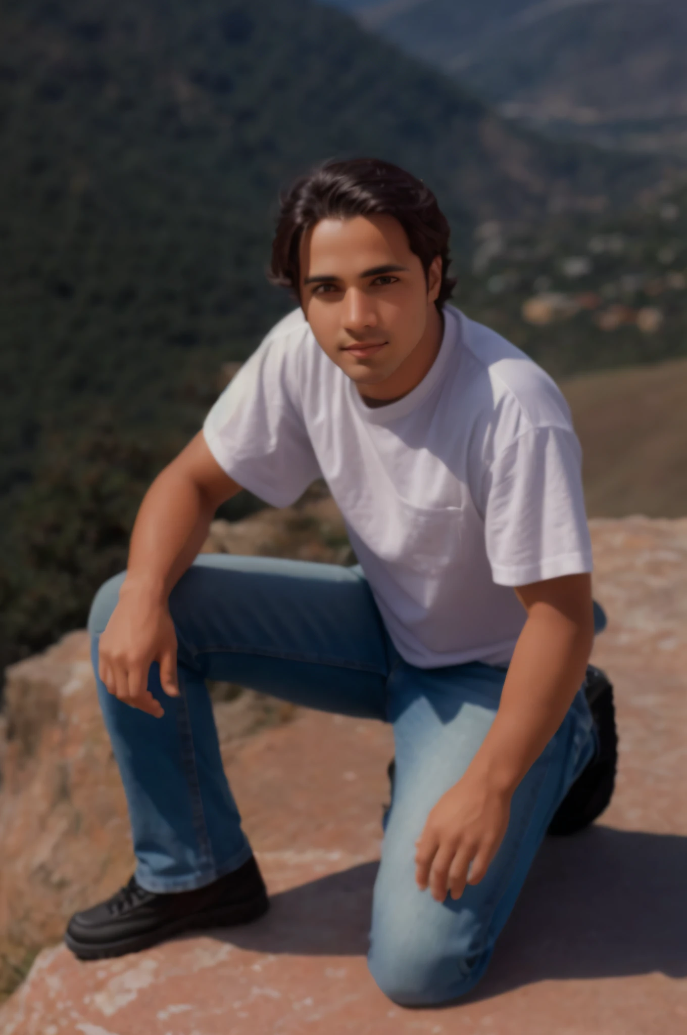 There is a young man sitting on top of a mountain overlooking the valley, em uma montanha, no topo de uma montanha, na montanha, no topo de uma montanha, no topo de uma montanha, nas montanhas, taken in the early 2000s, em um penhasco, em torno de , com olhos castanhos, Foto Ultrarrealista, foto focada, vestindo camisa branca, casual, com vento nos cabelos, foto em foco