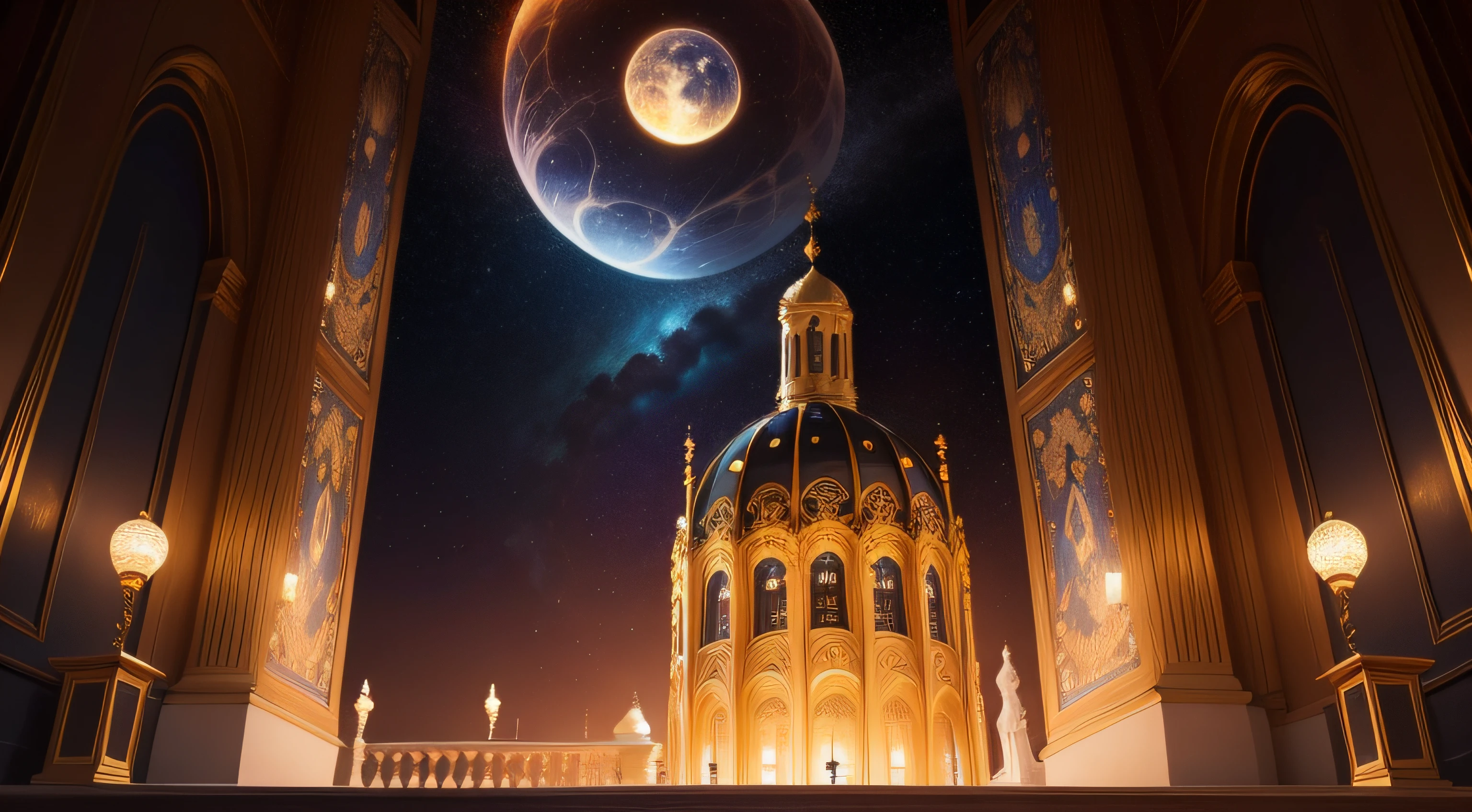 A mesmerizing depiction of a Celestial Sphere, elegantly illuminated, enchanting the observer with its mystical allure. Set within a mystic observatory on a serene night under the starlit sky, the artwork boasts soft moonlit glow, creating an atmosphere of ethereal charm. Crafted with the mastery of Gustav Klimt in his iconic Art Nouveau style, the piece is created using gold leaf on canvas, evoking an aura of grandeur. The tapestry captures the vibrancy of the cosmos with a captivating color scheme dominated by vivid gold and brown tones. The quality is of the highest standard, rendering every intricate detail in ultra high definition.