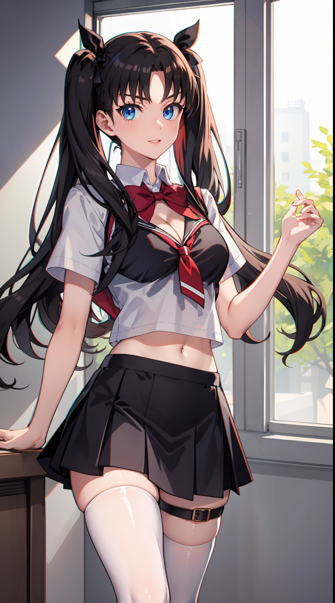 long hair, black hair, medium breast, slim legs, happy, cleavage, short skirt, rin tohsaka, twin tail, navel, blue eyes, school uniform, thigh high socks, standing