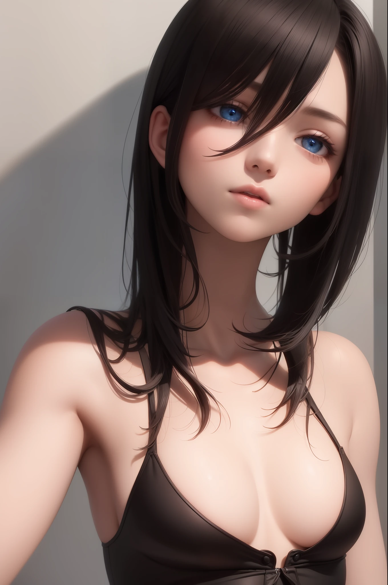 best quality, masterpiece,Black hair, blue eyes, looking up, upper body, no shirt, small breasts