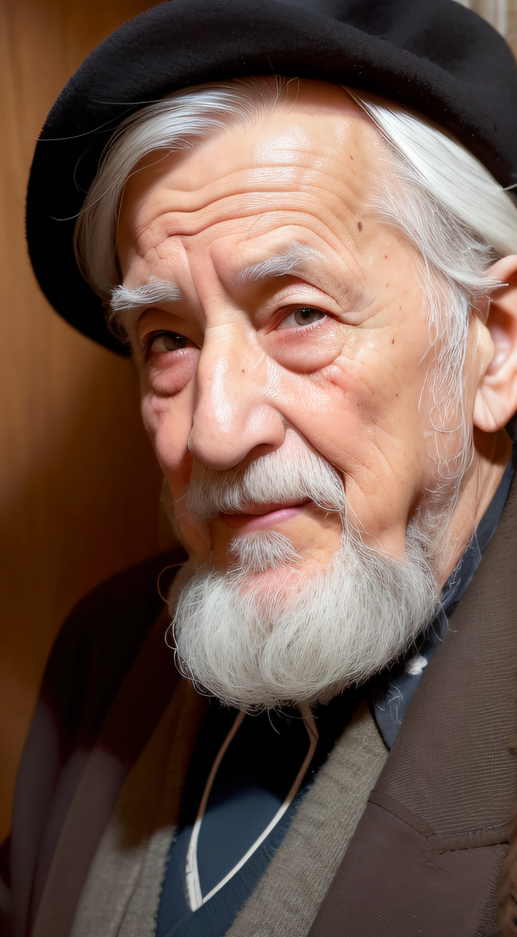 In this evocative portrayal, an elderly Jewish man stands with grace and dignity, his face adorned with the wisdom of a life well-lived. His eyes, filled with depth and compassion, reveal the profound experiences he has witnessed. His face is etched with wrinkles, telling the stories of a lifetime of joys and challenges. A distinguished white beard frames his countenance, adding to the sense of wisdom and respectability. This touching image captures the beauty of age, the resilience of the human spirit, and the richness of cultural heritage, inviting viewers to reflect on the wisdom that comes with the passage of time and the enduring traditions that shape our identities.