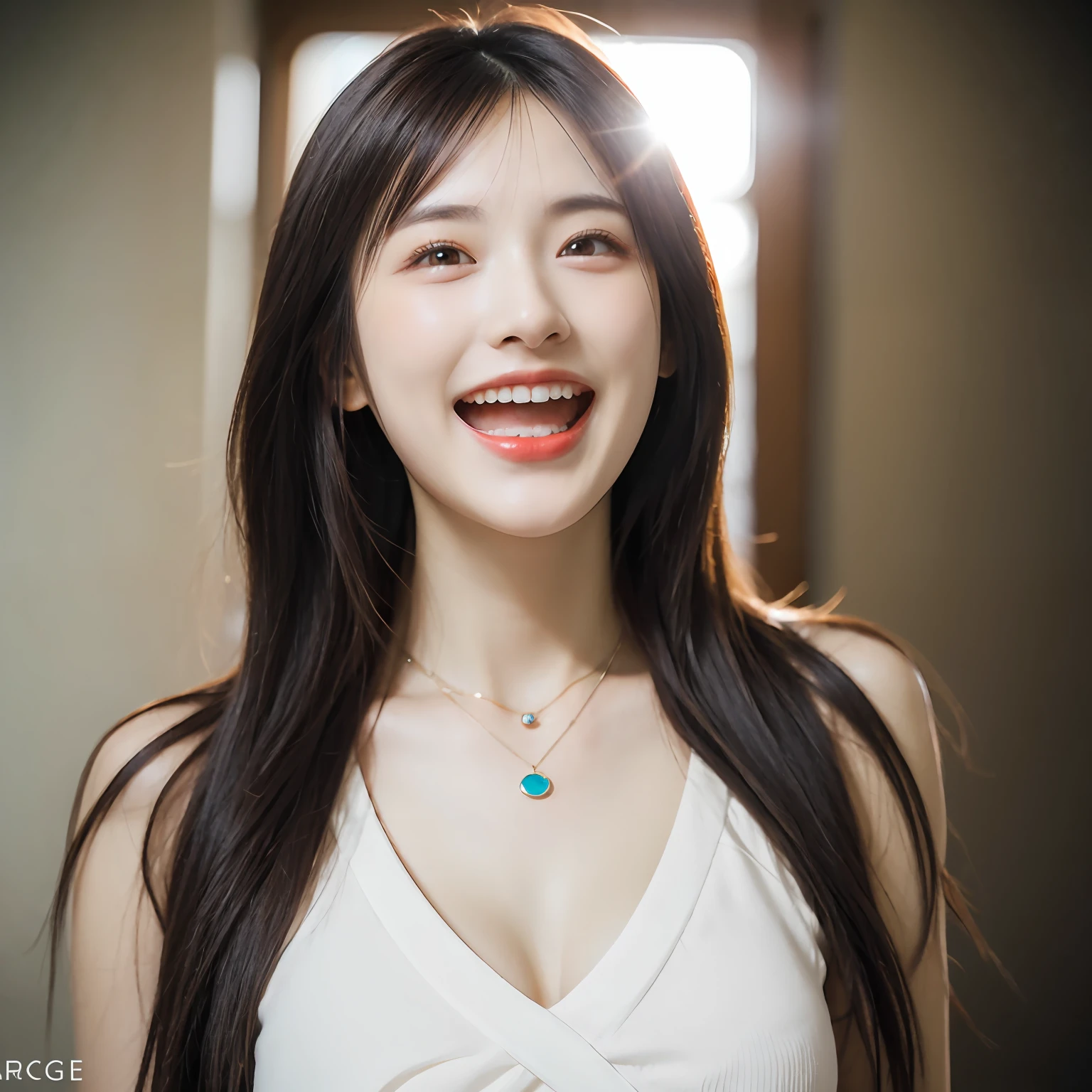 Dressed, (photographrealistic:1.4), (Hyper realistic:1.4), (Realistic:1.3), (Smoother lighting:1.05), (increase cinematic lighting quality:0.9), 32K, 1girl in,25-years old, Realistic lighting, Backlighting, Light on Face, raytrace, (Brightening light:1.2), (Increase quality:1.4), (Top quality real texture skins:1.4), finely detailed eyes, finerly detailed face, (tired and sleepy and joy:0), (Laugh:1.4), Black underwear,a necklace, (Increase body line mood:1.1), (Increase the beauty of skin texture:1.1)