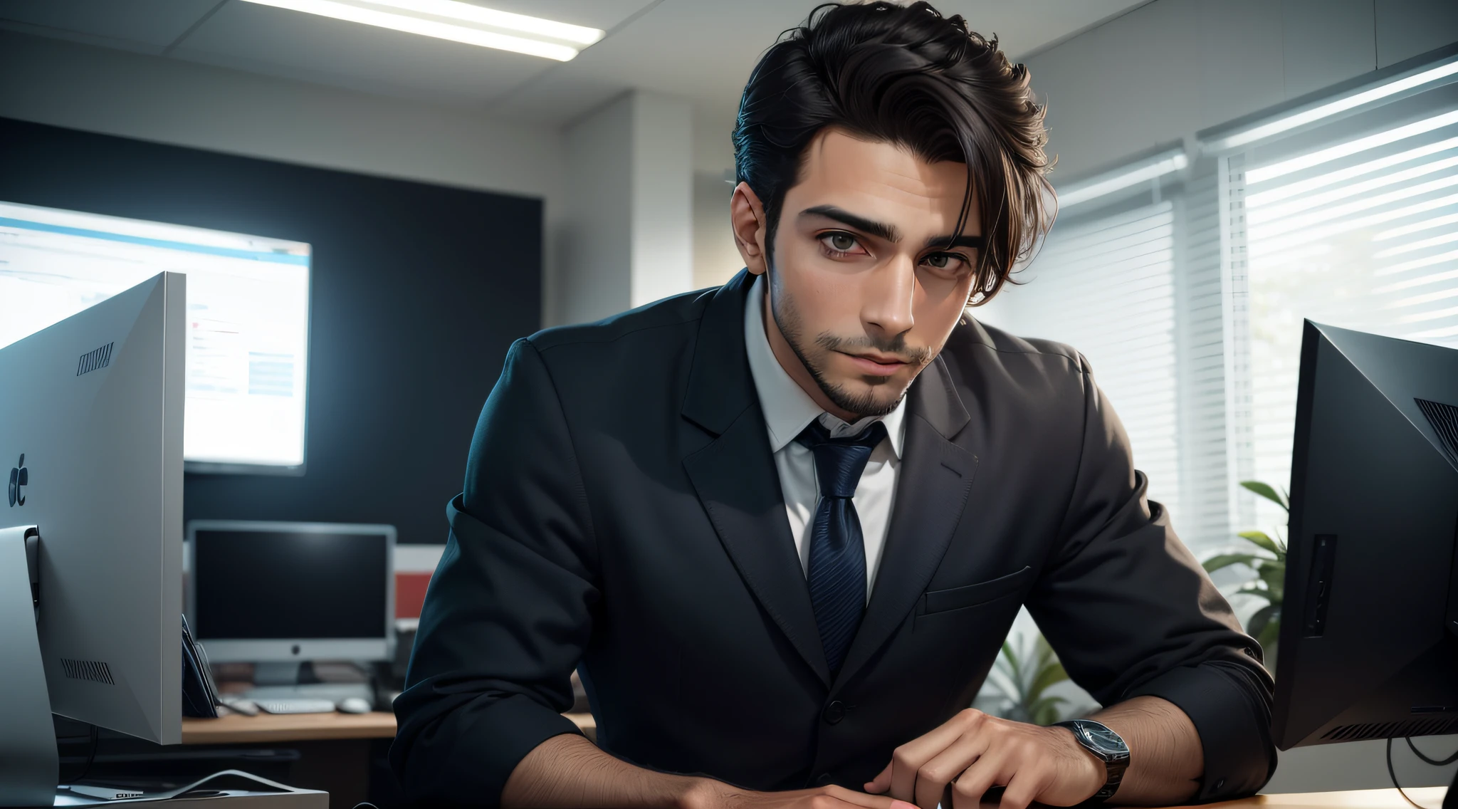 homem, jovem, computador, empresa, executivo, tecnologia, conversando, s office, realista, imagem premiada.