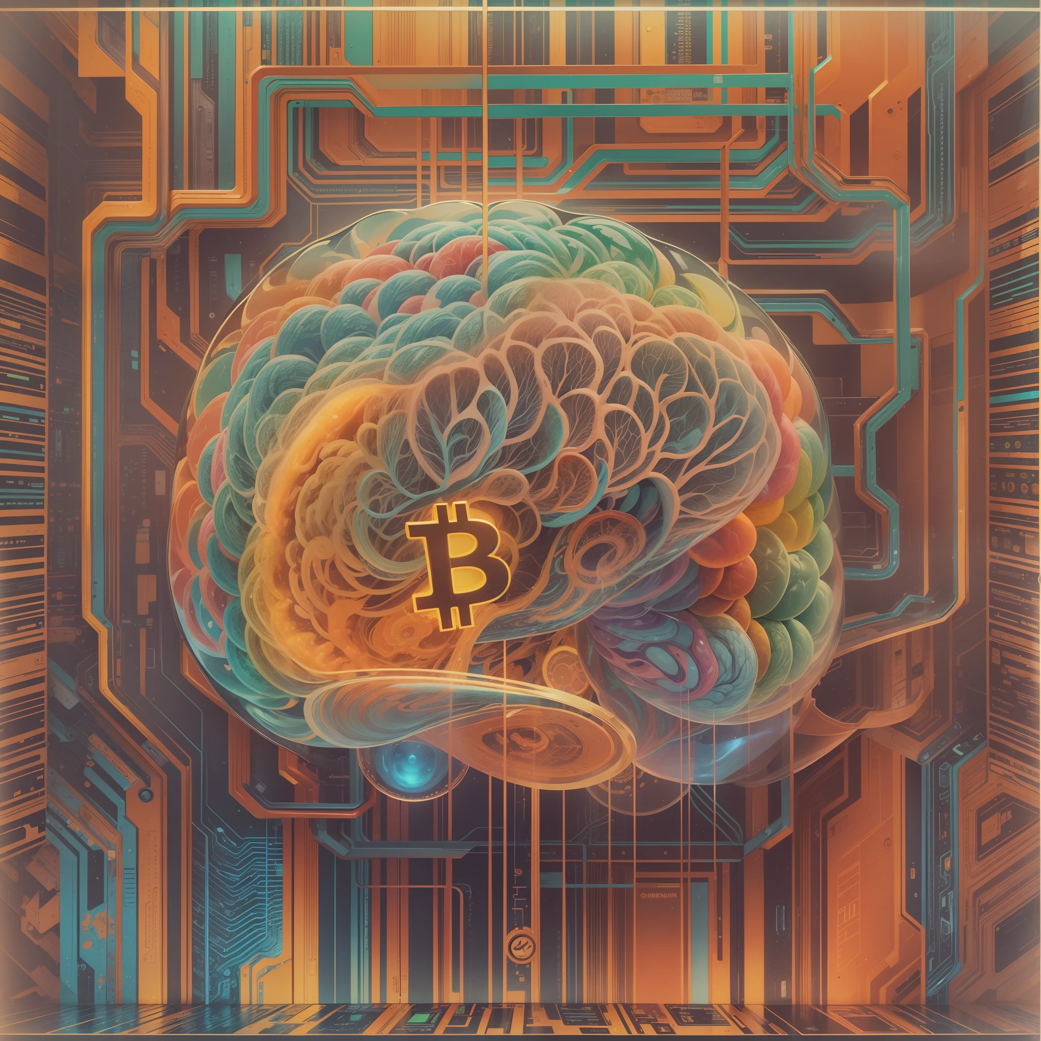 A imagem mostra uma caixa quadrada de bitcoin, completamente transparente. Dentro da caixa, There's a colorful and vibrant brain, com diferentes tons e nuances de cores brilhantes. The brain seems to float smoothly in the center of the box, radiating energy and intelligence.