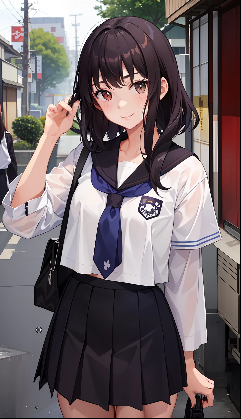 1girl in、A smile、The shirt、skirt by the、（small tits）Chilarism、Japan High School Student Uniform、serafuku、summer clothing、Squall Drenched Uniform、（Sheer Bra）、Upper body portrait、