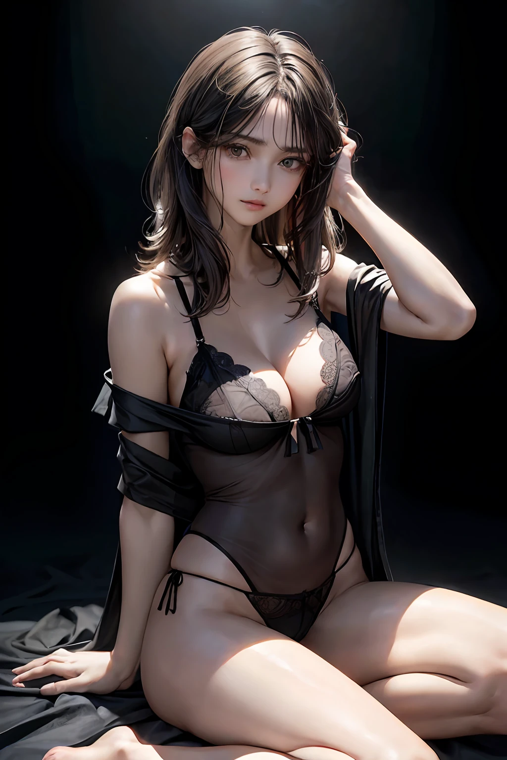 Ace, 4k, High Resolution, Head:1.3, Korean(K-pop Idol), Fine Skin, Sharp Focus, ((erectnipples)), (Cinema Lighting), Clavicle, Morning, Soft Light, Dynamic Angle, [: (detailed face:1.2):0.2], armpit wrinkles, thigh gap, (kneeling&setting on floot), dynamic pose(open legs, spread legs:0.9), (solo), (black(loose and oversized)cami), ((high legs cut)lace panties), slim, natural(medium-breasts:1.25), cleavage, full body, erotic, (female pubic-hair:1.35), (puffy eyes:1.3), (slim legs), (RAW photo, best quality, masterpiecel1.47), (realistic, photo-realistic:1.35),