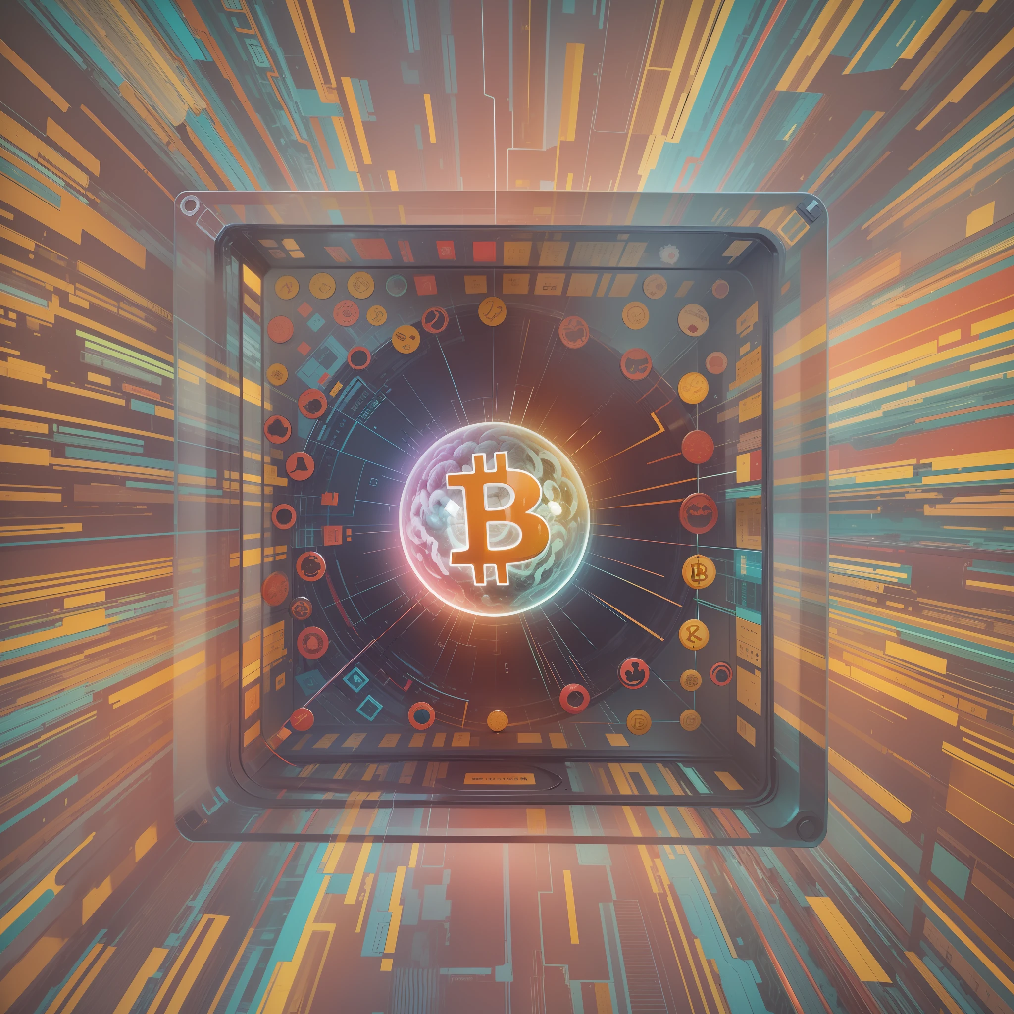 A imagem mostra uma caixa quadrada de bitcoin, completamente transparente. Dentro da caixa, There's a colorful and vibrant brain, com diferentes tons e nuances de cores brilhantes. The brain seems to float smoothly in the center of the box, radiating energy and intelligence.