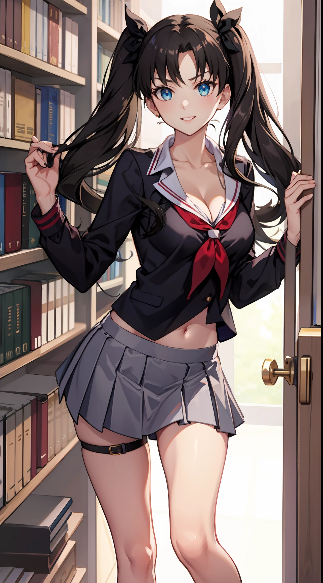 long hair, black hair, medium breast, slim legs, happy, cleavage, short skirt, rin tohsaka, twin tail, navel, blue eyes, school uniform, thigh high socks, standing, library