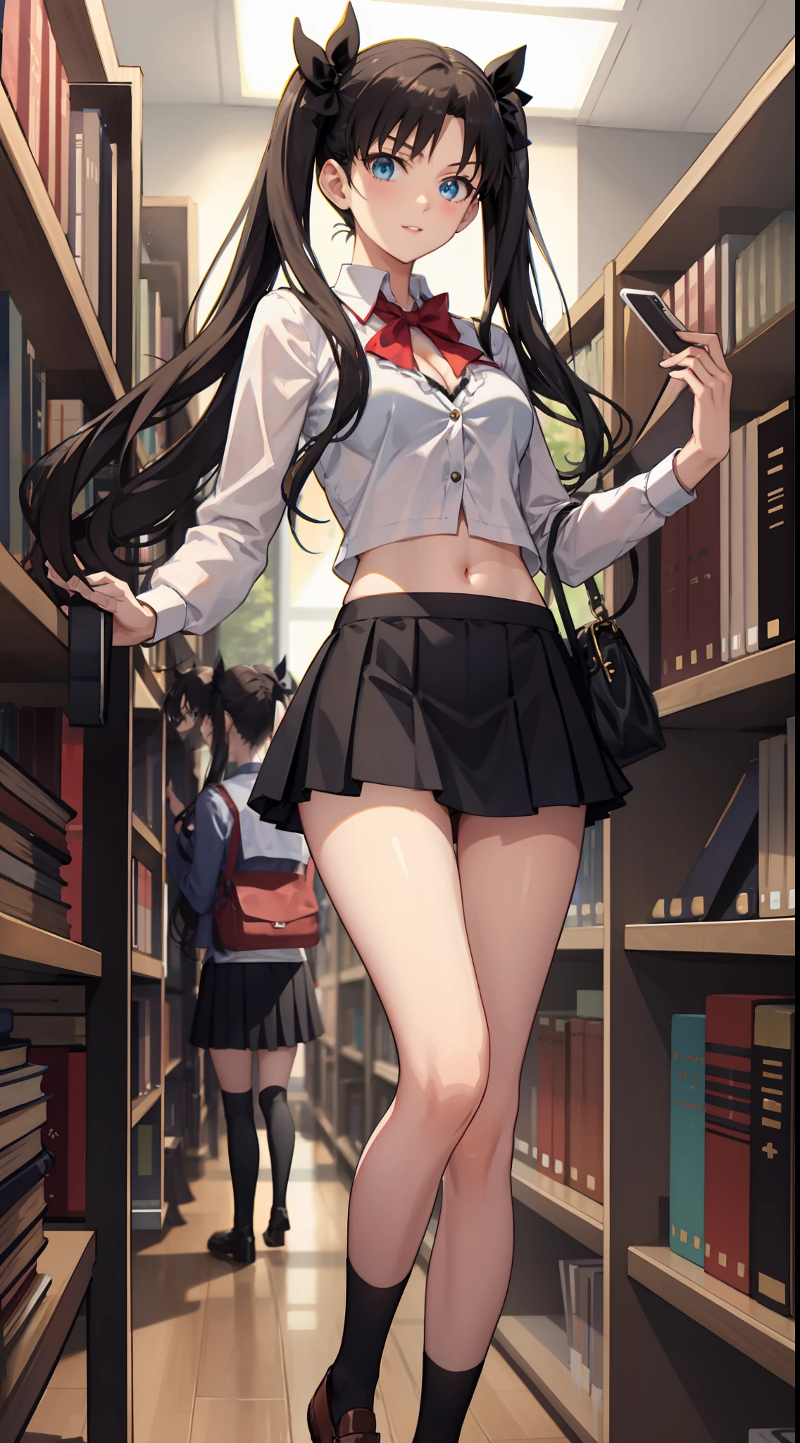 long hair, black hair, medium breast, slim legs, happy, cleavage, short skirt, rin tohsaka, twin tail, navel, blue eyes, school uniform, thigh high socks, standing, library