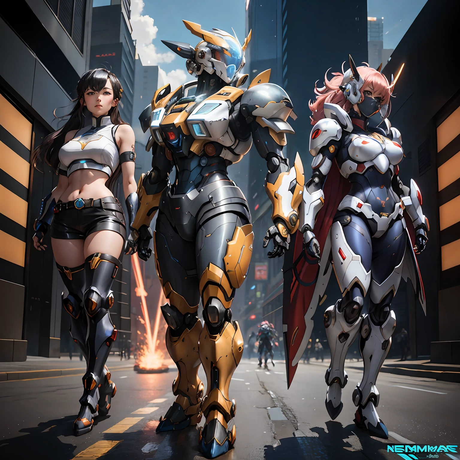 Three women in futuristic costumes walking down a street, armadura mech anime, estilo mecha legal, Anime mecha moderno, terno mecha, em mecha cyber armor, mecha inspirado, arte digital do anime cyberpunk, female mecha, Conceito de anime HDR Anime MacManus, mecha anime, Krenz Cushart e Wenjun Lin, cyberpunk menina mech