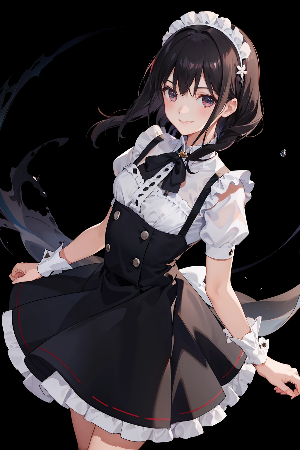 1girl in、A smile、A delightful、skirt by the、(small tits)Chilarism、doress、pinafore,,,,,,、Maids,,,,,,,,、A dark-haired、hair adornments、movement、