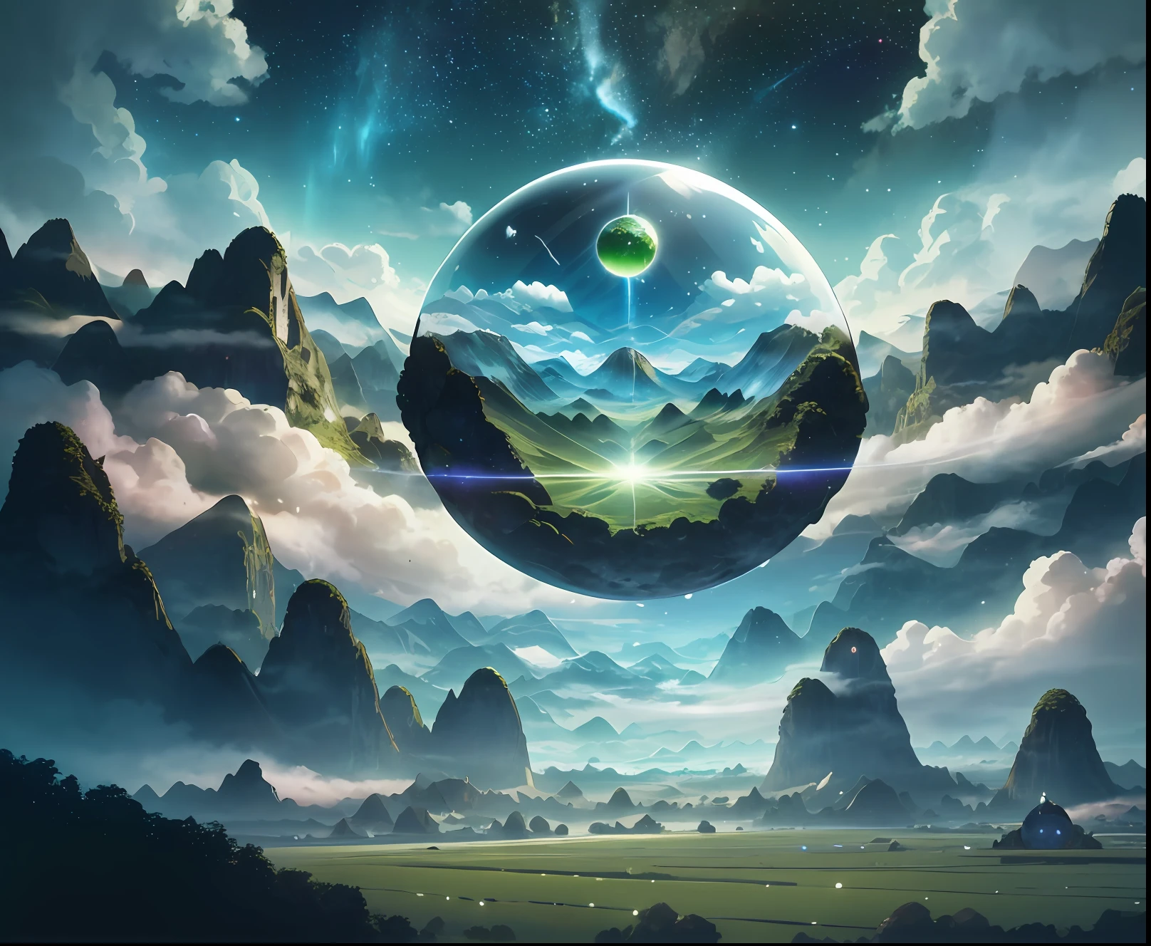 A giant mirror sphere floating in space, flickering lights, sad hamster lost (heaven like green fields surrounded by high mountains and clouds:1.3), particles in the air, god rays, stars in the background, intricate fractals, detailed, (illustration), masterpiece, high resolution, best quality.