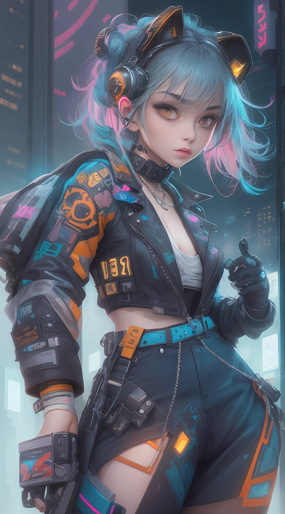 masterpiece, best quality, 1 cyberpunk girl, full body shot, standing in front of motorcycle, looking at viewer, Confident cyberpunk girl with sassy expression, Harajuku-inspired pop outfit, bold colors and patterns, eye-catching accessories, trendy and innovative hairstyle, vibrant makeup, Cyberpunk dazzling cityscape, skyscrapers, neon signs, LED lights, bright and vivid color scheme, anime, illustration, detailed skin texture, detailed cloth texture, beautiful detailed face, intricate details, ultra detailed.
