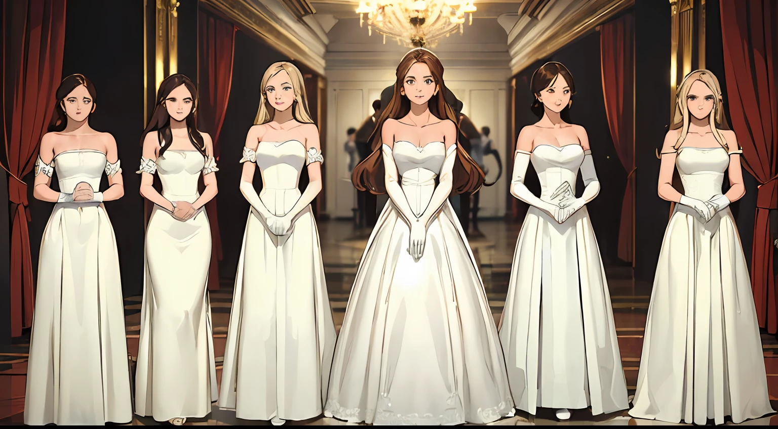 ((Masterpiece, highres)), 10girls, group, identical sisters, ((one brown haired girl, one blonde girl)), long hair, curly hair, matching hairstyles, different hair color, confident, elegant, rich girls, emotionless, arms at sides, straight backs, (((matching outfits, identical outfits, white dress, elegant dress, strapless dress, shoulder length white gloves, opera gloves))), standing in a row, same pose, mansion