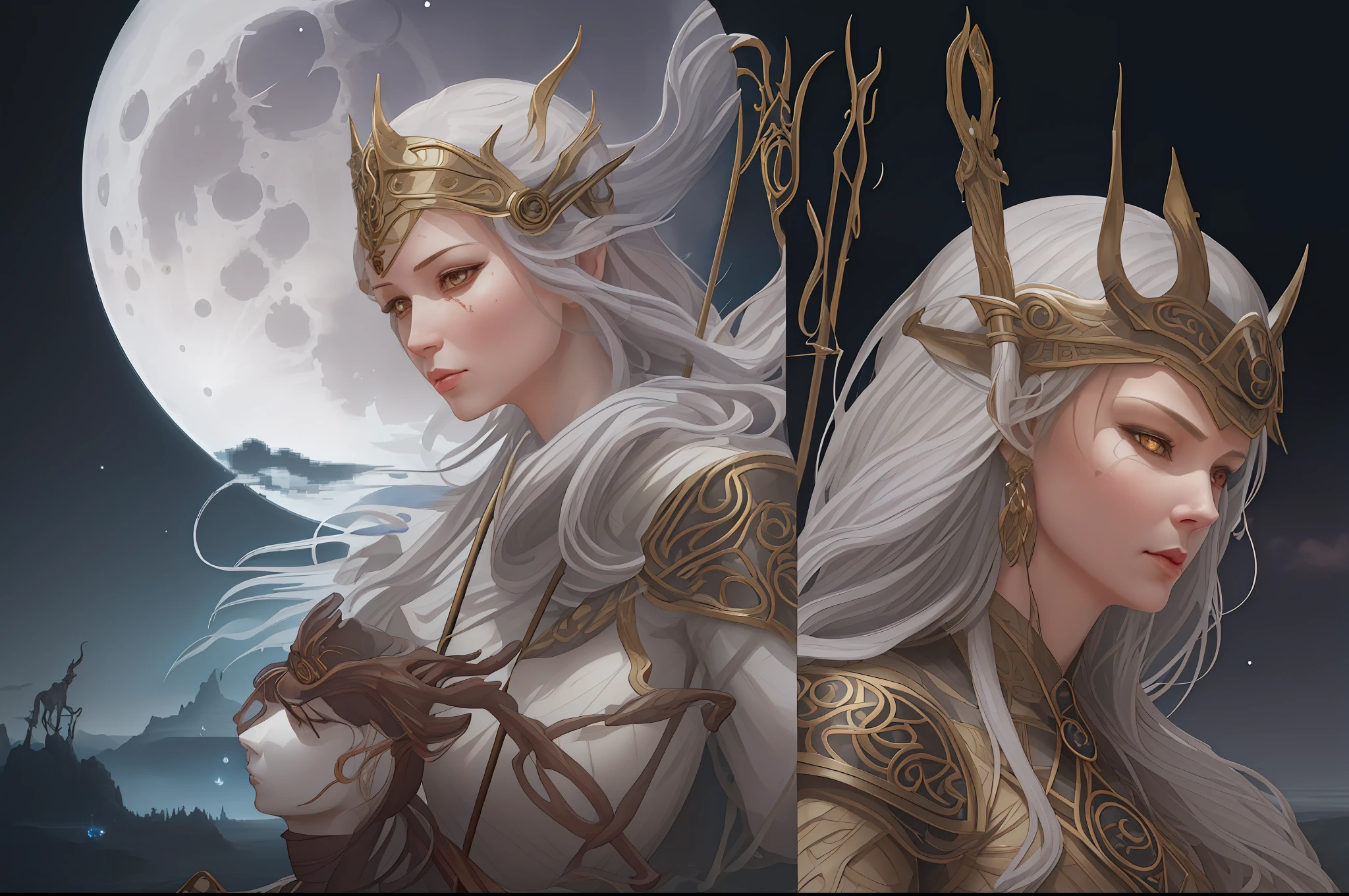 Close-up of the statue of a woman with a cane, goddess of the hunt and the moon, WLO and Peter Mohrbacher, goddess of the moon, Peter Mohrbacher and Altgerm, artgerm julie bell beeple, portrait of a norse moon goddess, wlop and ArtGerm, artgerm and wlop