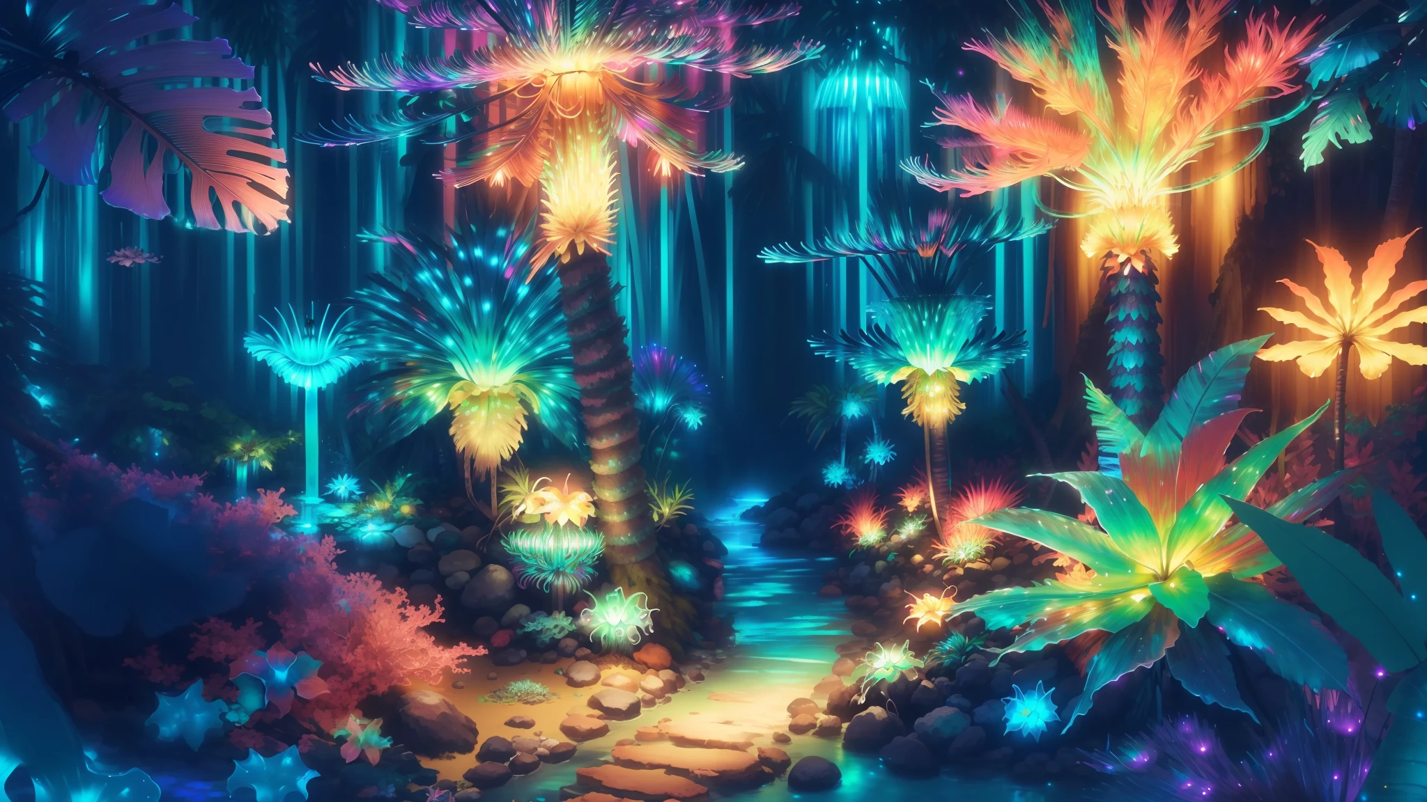 Un hermoso brillo brillante (Bosque tropical bioluminiscente multicolor:1.8) Paisaje natural, (extremadamente detallado:1.3), fantasy, Renderizado de octanaje, ZBrush. Motor irreal, hiperdetallado, Arte conceptual, Tendencias en Art Station. ((La mejor calidad)), ((Obra maestra)), (Detallado), sharp picture