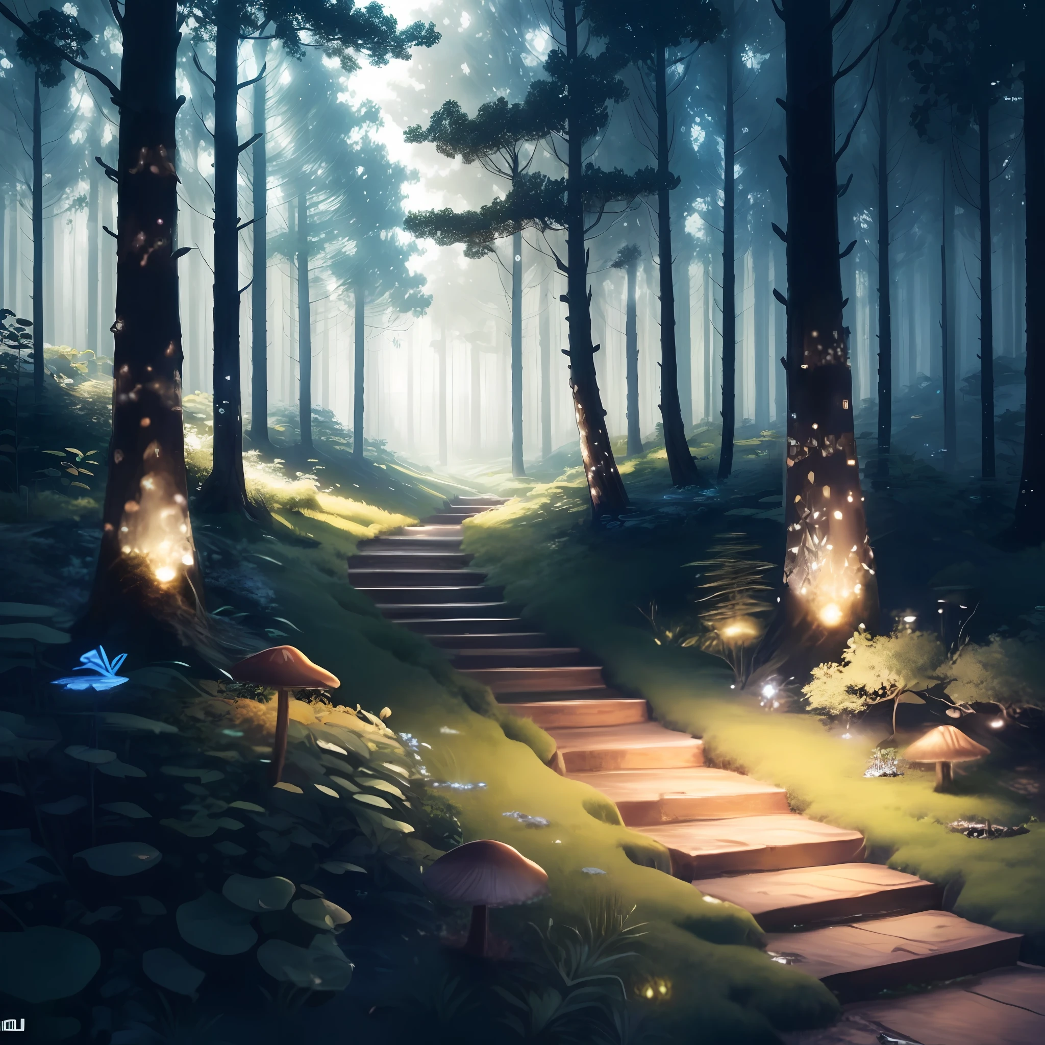 Bioluminiscencia detallada Escenario natural hiperrealista, A sharp-focused photo of a mushroom forest, Mariposas y unicornio. (extremadamente detallado:1.3), fantasy, Renderizado de octanaje, ZBrush. character design, fotorrealista, Motor irreal, hiperdetallado, Arte conceptual, Tendencias en Art Station. ((La mejor calidad)), ((Obra maestra)), ((realista)), (Detallado), Bosque oscuro, (Background illustration of the fantasy forest:1.1), estilo-swampmagic, Estilo-NebMagic