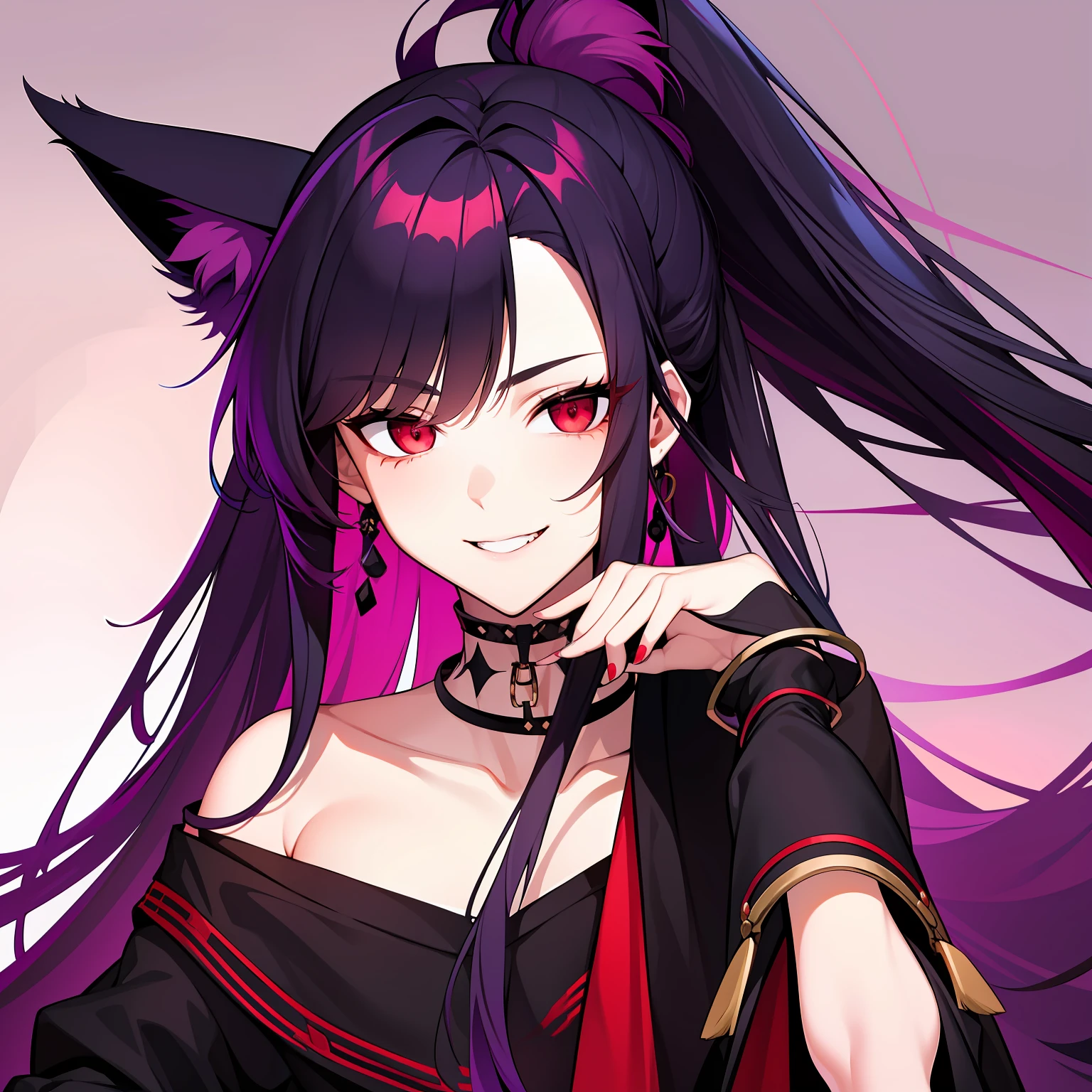 Young guy, pretty facial features, long dark purple hair, half gathered in messy ponytail, half loose, dangerous bright red eyes, black fit clothes with many jewels, fox ears and tail, mad smile