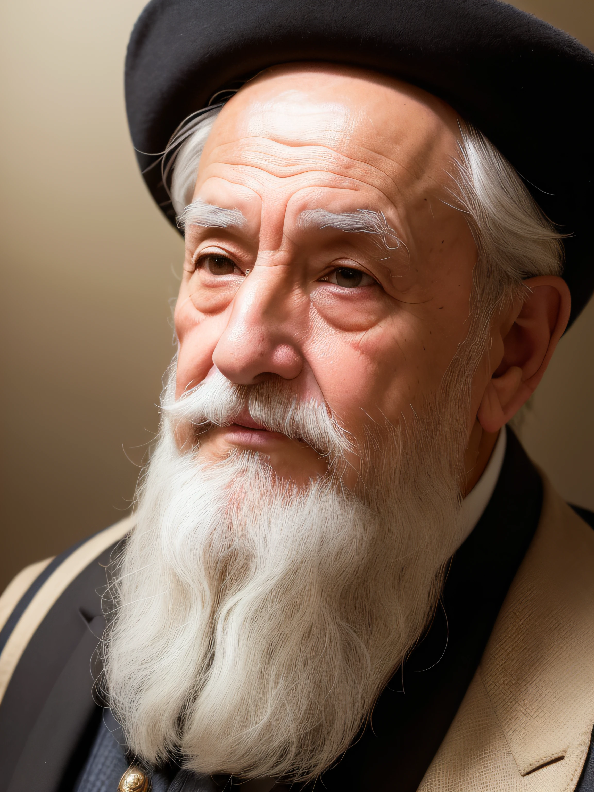 In this evocative depiction, an elderly Jewish man stands with a sense of quiet contemplation, his gaze turned thoughtfully to the side. He wears a traditional black hat that signifies his faith and cultural identity, and his face is adorned with a distinguished white beard that exudes wisdom and experience. As he looks to the side, his expression reflects a deep sense of reflection and introspection, inviting viewers to wonder about the memories and stories that fill his life. This powerful image captures the richness of cultural heritage and the depth of human experience, inviting viewers to connect with the wisdom and resilience that come with age and the traditions that shape our identities.