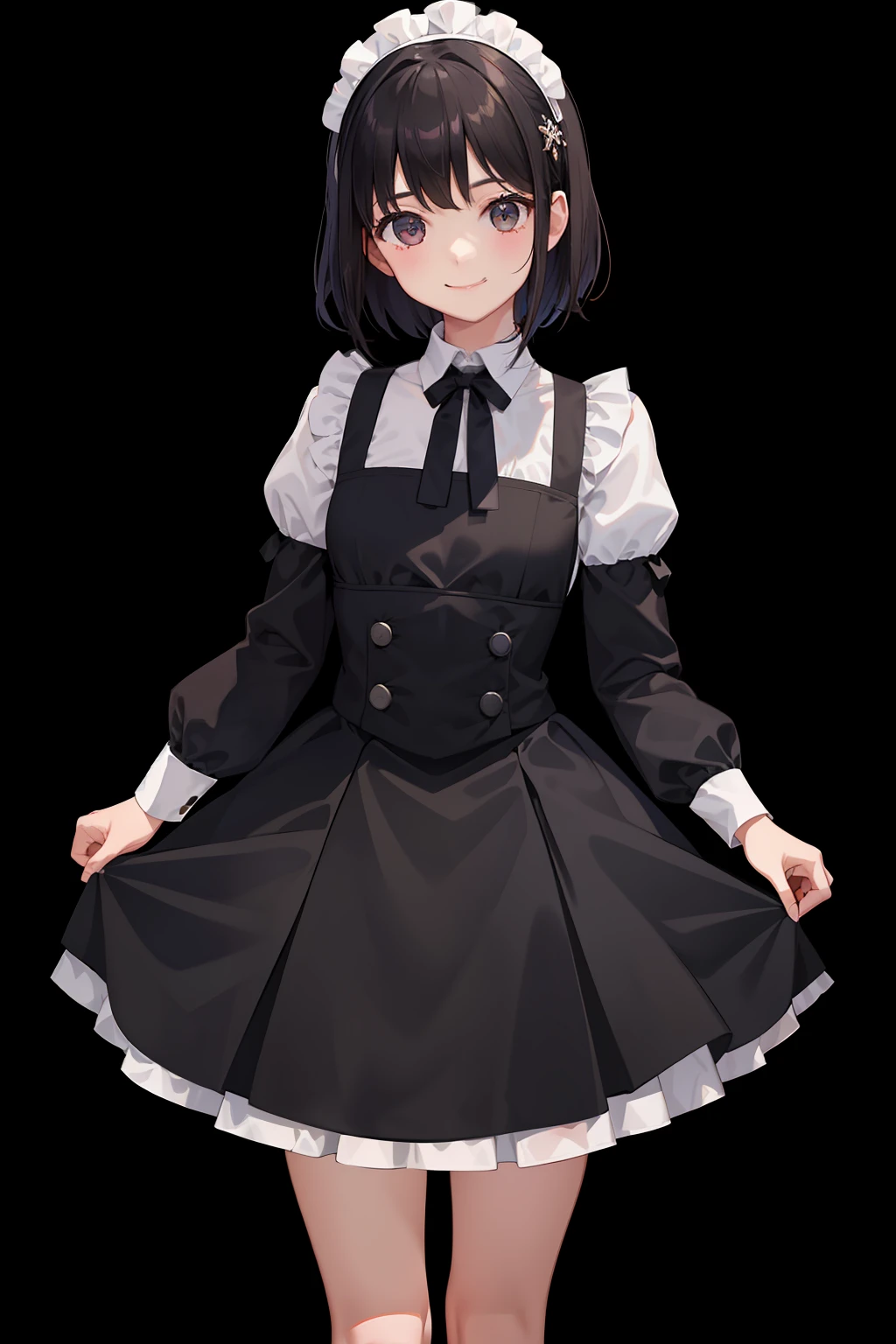1girl in、A smile、A delightful、skirt by the、(small tits)Chilarism、doress、pinafore,,,,,,、Maids,,,,,,,,、A dark-haired、hair adornments、movement、