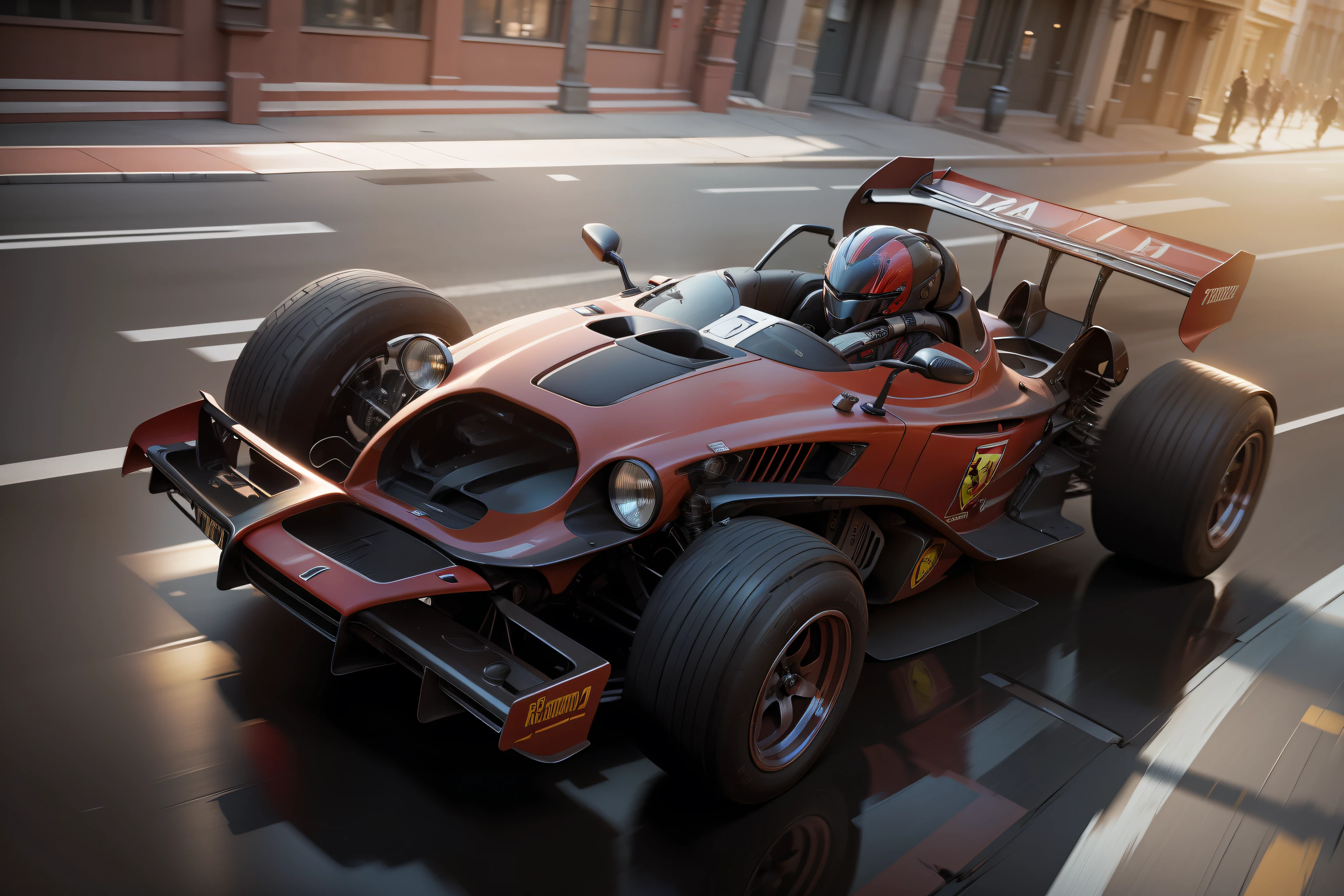 Uma Ferrari vermelha brilhante 312 B3 corre pela rua molhada, quase hiper-realista. The car is moving fast, with a motion blur in the background. The car is highly detailed, com reflexos, sombras e texturas. The image is an artistic style and has a sense of movement. Directed by Greg Rutkowski.