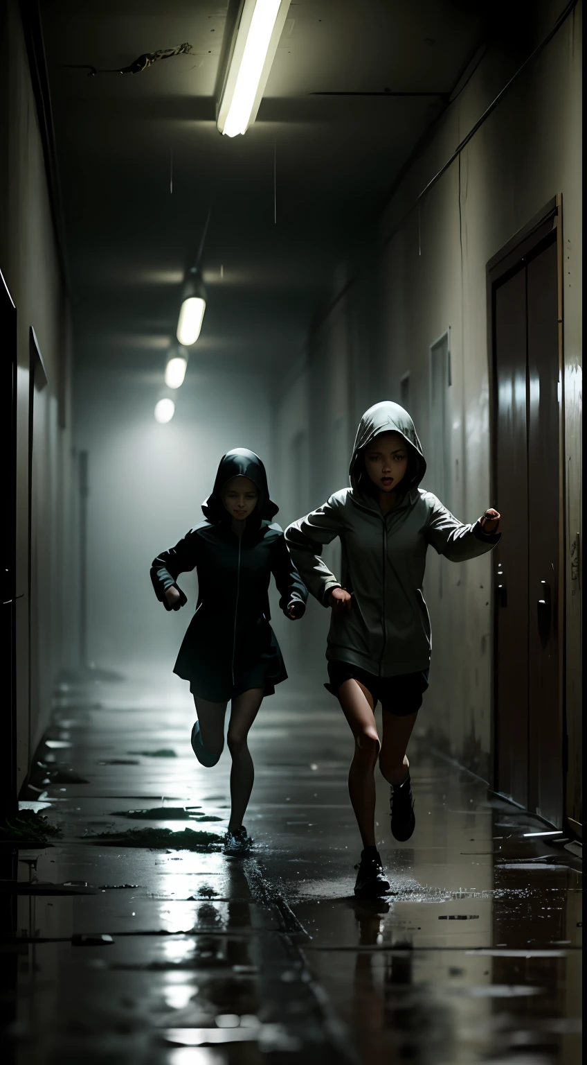 girls sprinting through a dimly-lit abandoned school, gasping for breath, soaked in rain, wearing raincoats, in a chilling and eerie atmosphere.