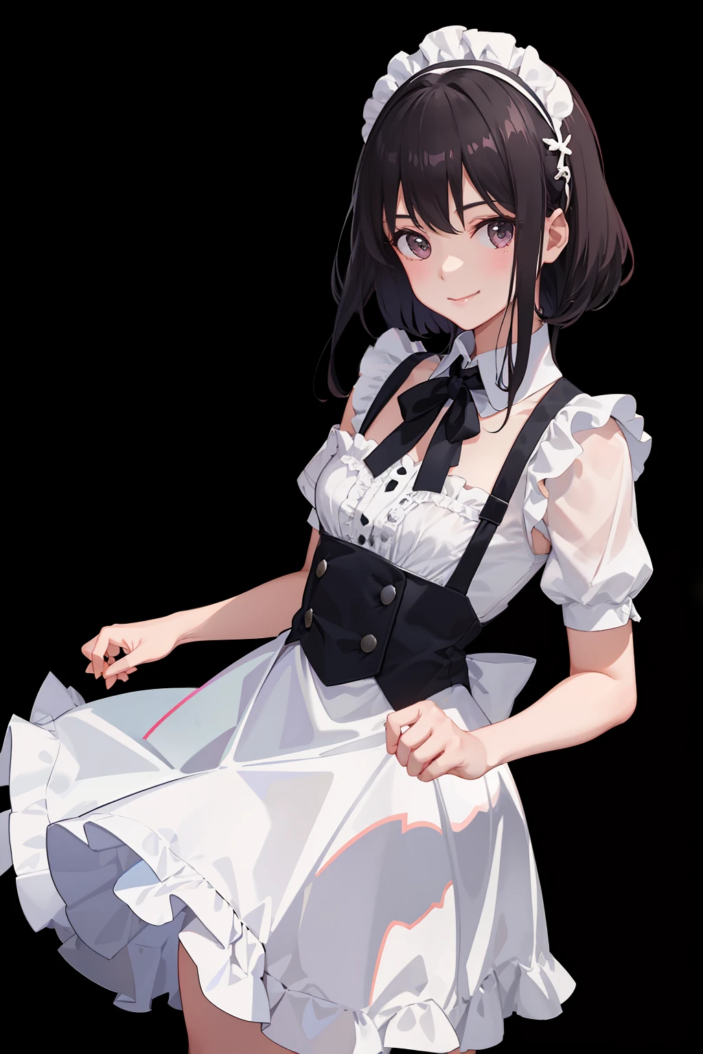 1girl in、A smile、A delightful、skirt by the、(small tits)Chilarism、doress、pinafore,,,,,,、Maids,,,,,,,,、A dark-haired、hair adornments、movement、
