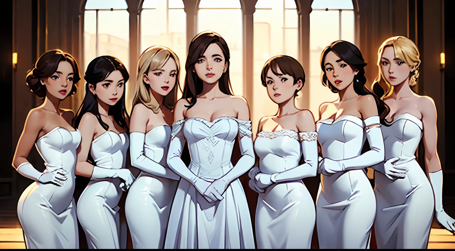 ((Masterpiece, highres)), 10girls, group, identical sisters, ((one brown haired girl, one blonde girl)), long hair, curly hair, matching hairstyles, different hair color, confident, elegant, rich girls, emotionless, arms at sides, straight backs, (((matching outfits, identical outfits, white dress, elegant dress, strapless dress, shoulder length white gloves, opera gloves))), standing in a row, shoulder to shoulder, same pose, mansion