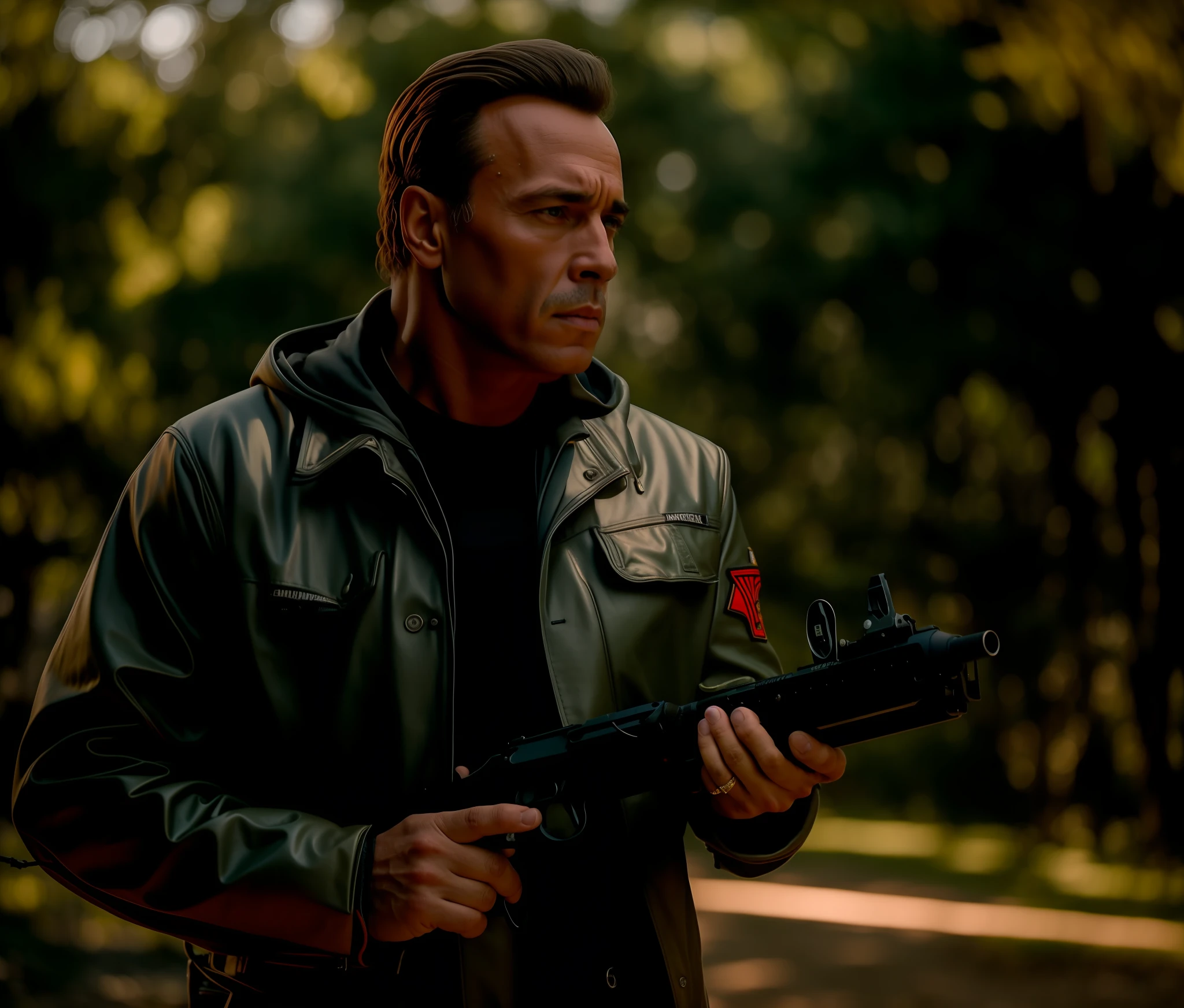 Arnold Segurando uma arma, vestindo uma jaqueta de couro preta, campo aberto, luz do dia, cinematic lighthing, detalhes intrincados, highes definition, 8k