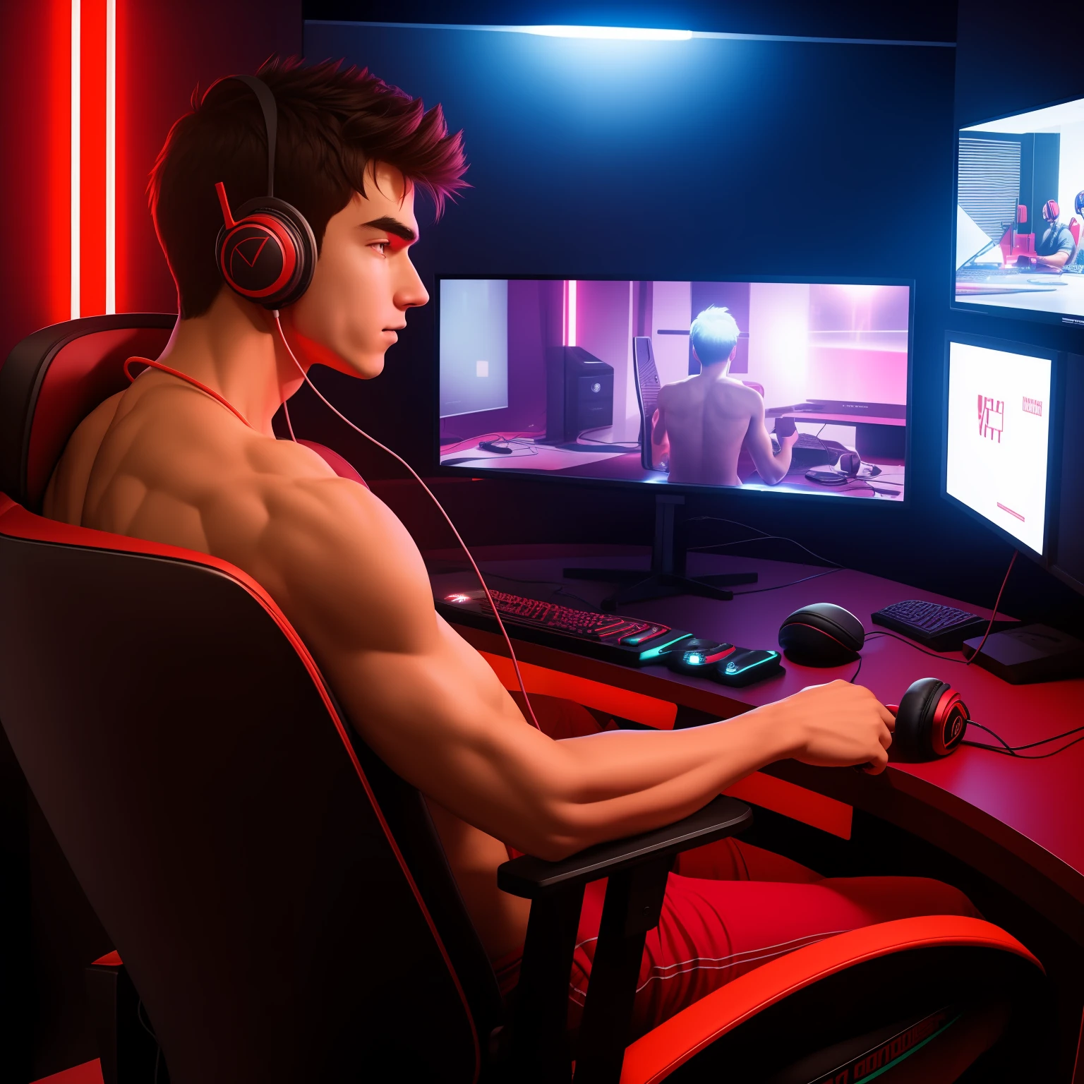 boy, 19 years old, with headphones around his neck, shirtless, sitting in a red gamer chair, looking at the monitor, gamer room, neon lights