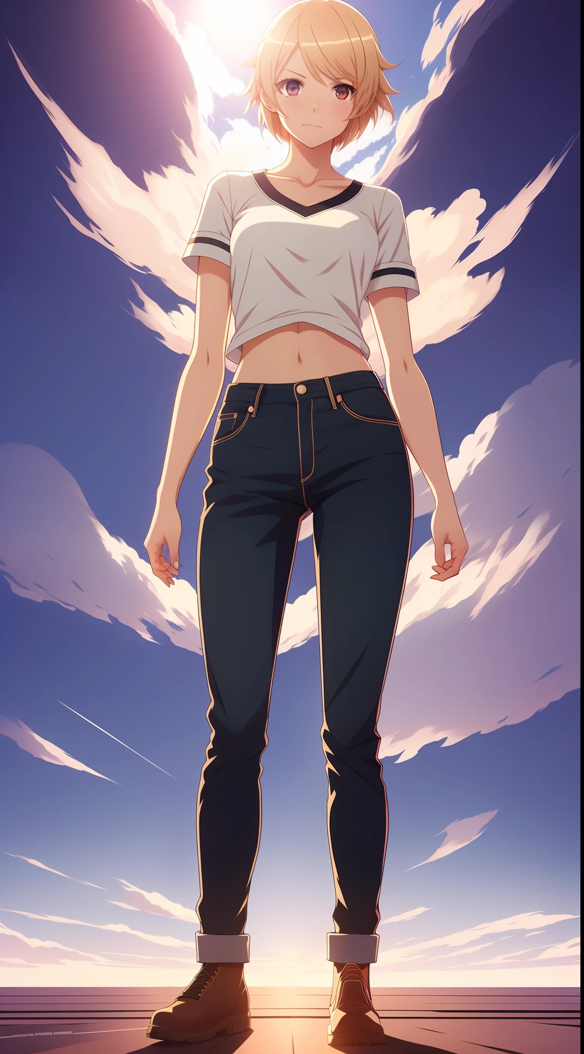 [por Artgerm y WLOP e Ilya Kuvshinov y RHADS y Loish y Rossdraws] por artista "anime", Anime Key Visual, Japanese Manga, Pixiv, Zerochan, Arte anime, Fantia, Girl with 20 years of short blonde hair, (((cuerpo completo))), jeans negros, delgada, Corte quiff, full body ,character design