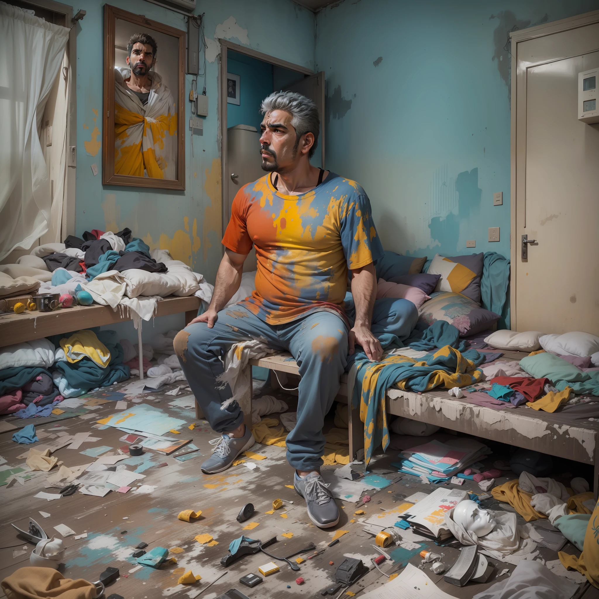 (obra-prima, melhor qualidade, muito detalhado, cores brilhantes, saturation), homem maduro, em um apartamento moderno, em uma cadeira,Rosto triste , despondency, messy house , Nervosismo, perturbado,tristeza,raiva