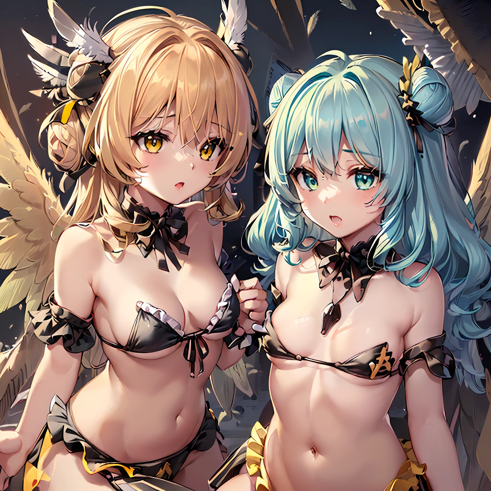 (masutepiece) ((Kaleidoscope)) ((Harmonious)) (ultra-quality) (very exquisite) (Professional Balance) (absurderes) (Wide Shot) (1人の女性) ((Upper body)) ((fullllbody)) ((G Cup Breasts)) (Fine-grained body lines) ((realisitic:0.75)) (zettai ryouiki) (Hi-Res Textures) (Clearly draw the shape of the nose) ((Exposure 1:0.25)) (((Shiny skin))) (X Hair Ornament) (Ornament Heart(Bracelet、gargantilha、ear ornament) (((((Beautiful little bun hair in yellow color))))) (Wave hair) (Quality and beautiful finger placement) (Fine, Beautiful clean hands) (It clearly depicts the reflection of small white light in the pupil, which adds depth to the pupil) (((top-quality、Elegant yellow detail eyes))) (((Ultra Definition Masterpiece Highest Quality:1.2 4DCG high quality))) (Highly detailed face and eyes) (24-year-old woman) (Model body type) (Slender and long legs) (A slender) (mascara) (eyeshadows) (eye liner) (Glossy lipstick) (lip stick) (((((Brown × Turquoise Ash× Angel Ribbon× Micro Micro Bikini × Ruffles))))) (((G-cup emphasis))) (((NSFW1:1))) (G Cup Cow) (((((G Cup))))) (Hold in your arms) (Photorealsitic) (8K Character Concept) (((32K HD image quality...)) (conputer graphics) (angelicales、pastels、Feather 1:1.5) (((((Black Yellow Diamond Wing))))) (Freedom of movement、evolve) (Garter belt ruffles) (((Add charms to the background))) ((((angelicales)))) ((((Big Wings of Angels)1:1)))