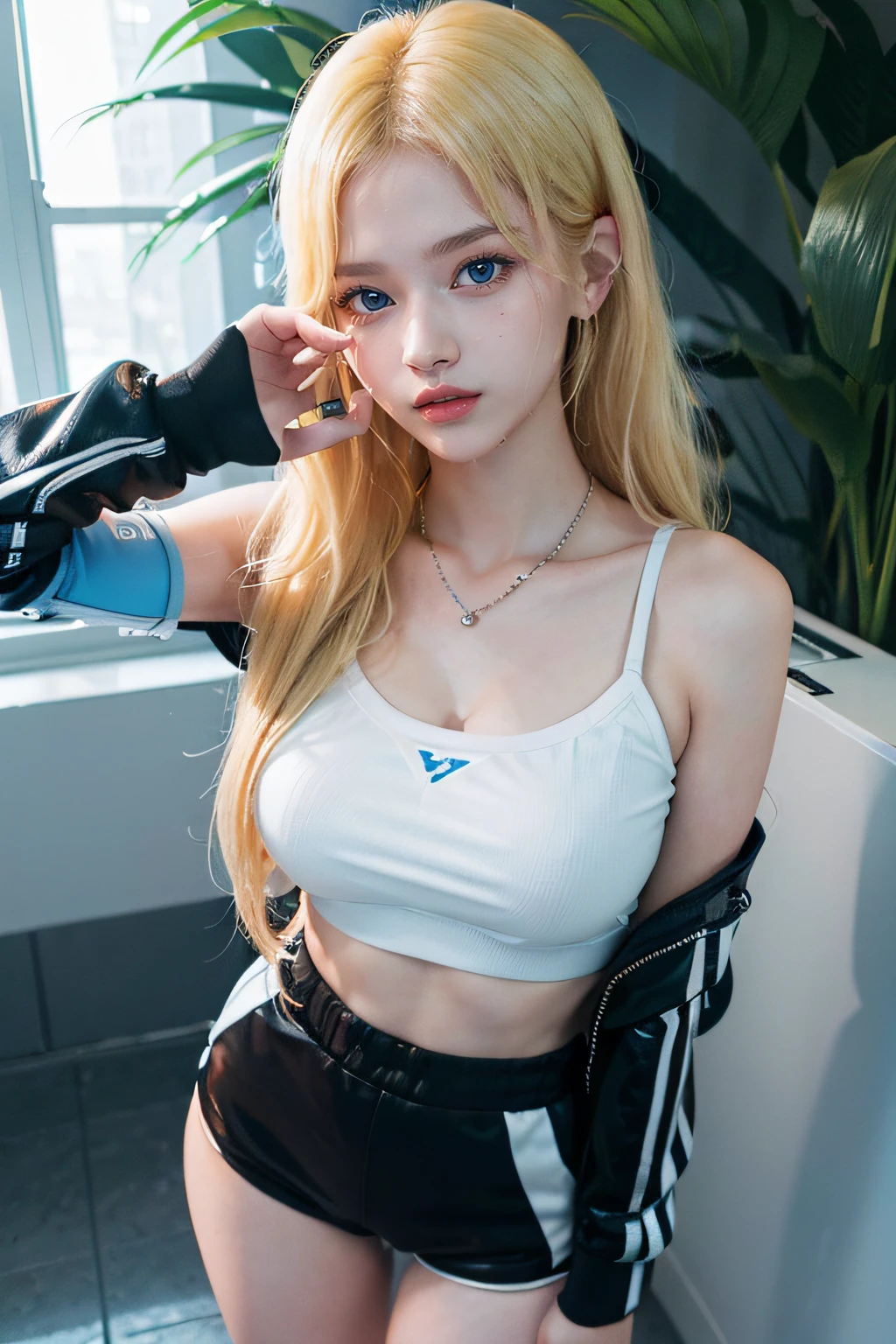 ((Blue Eyes)), Seductive Face, ((Sana Minatozaki)), ((Sana twice)), Rubber, ((wears very short shorts, black sweatshirt, white sneakers)), ((standing with a cell phone posing for the camera)), Necklace, (Best Quality, 8k, Masterpiece: 1.3)) ), Clear Focus: 1.2, (Layered Cut, Large: 1.2), Perfect Body Beauty: 1.4, Slender Abs: 1.2, Wet Body: 1.5 , Very detailed face and skin texture, detailed eyes, double eyelids, ((long blonde hair)), long legs, wide hips, big breasts, beautiful tits