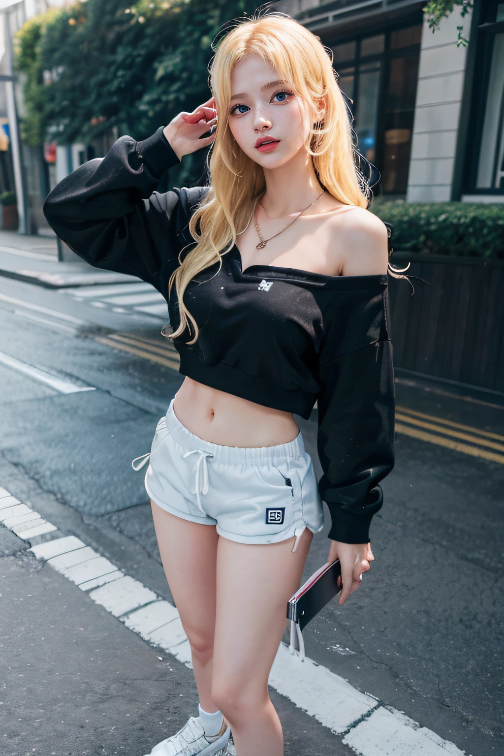 ((Blue Eyes)), Seductive Face, ((Sana Minatozaki)), ((Sana twice)), Rubber, ((wears very short shorts, black sweatshirt, white sneakers)), ((standing with a cell phone posing for the camera)), Necklace, (Best Quality, 8k, Masterpiece: 1.3)) ), Clear Focus: 1.2, (Layered Cut, Large: 1.2), Perfect Body Beauty: 1.4, Slender Abs: 1.2, Wet Body: 1.5 , Very detailed face and skin texture, detailed eyes, double eyelids, ((long blonde hair)), long legs, wide hips, big breasts, beautiful tits