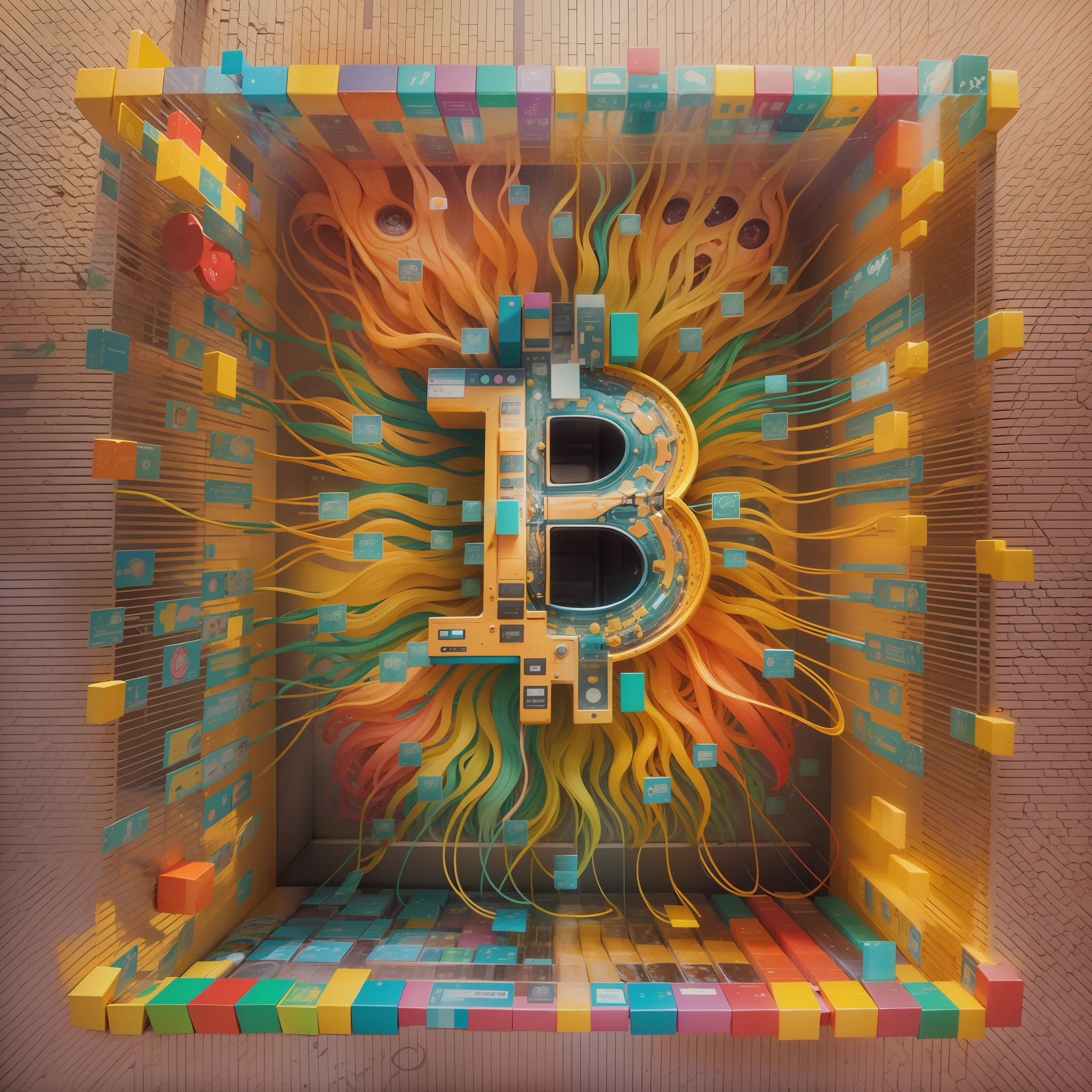 A imagem mostra uma caixa quadrada de bitcoin, completamente transparente. Dentro da caixa, There's a colorful and vibrant brain, com diferentes tons e nuances de cores brilhantes. The brain seems to float smoothly in the center of the box, radiating energy and intelligence.