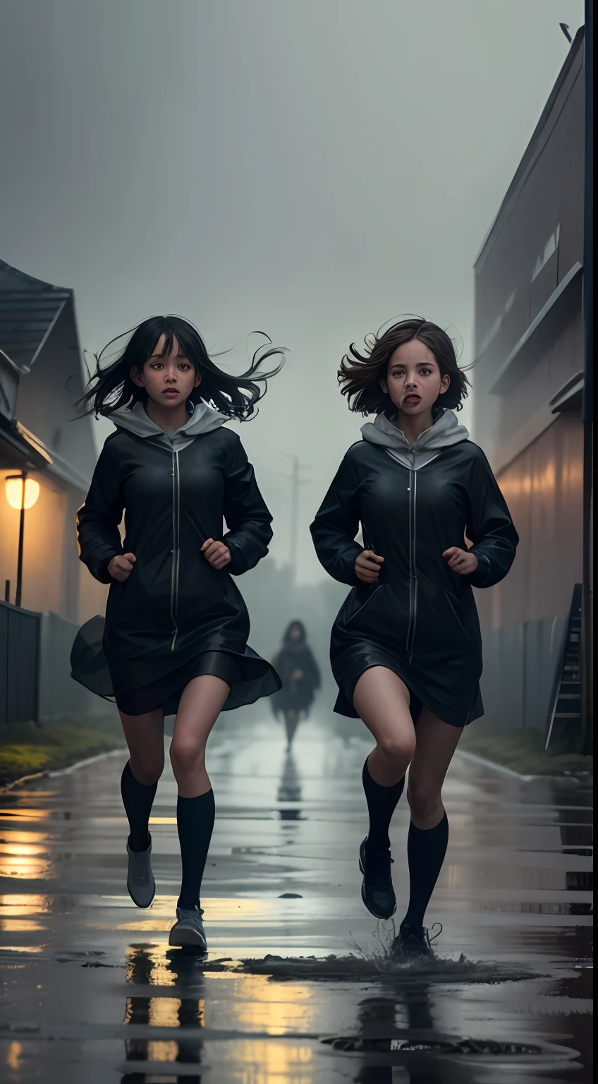 three girls sprinting towards the school gates wearing rain coats on a dimly-lit abandoned school, gasping for breath, soaked in rain, wearing raincoats, in a chilling and eerie atmosphere.