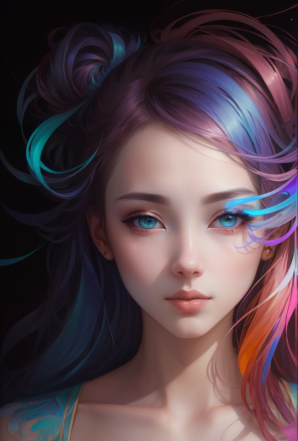 _james jean, floating female figure made of ribbons, smoke, in the sky, colorful and vibrant, mystical colors, contemporary impressionism, yanjun cheng portrait painting, iridescent painting, 3/4 perspective view, cute face, low angle, sweeping circling composition, large beautiful crystal eyes, big irises, UHD, HDR, 8K, (Masterpiece:1. 5), (the most beautiful portrait in the world:1.5)