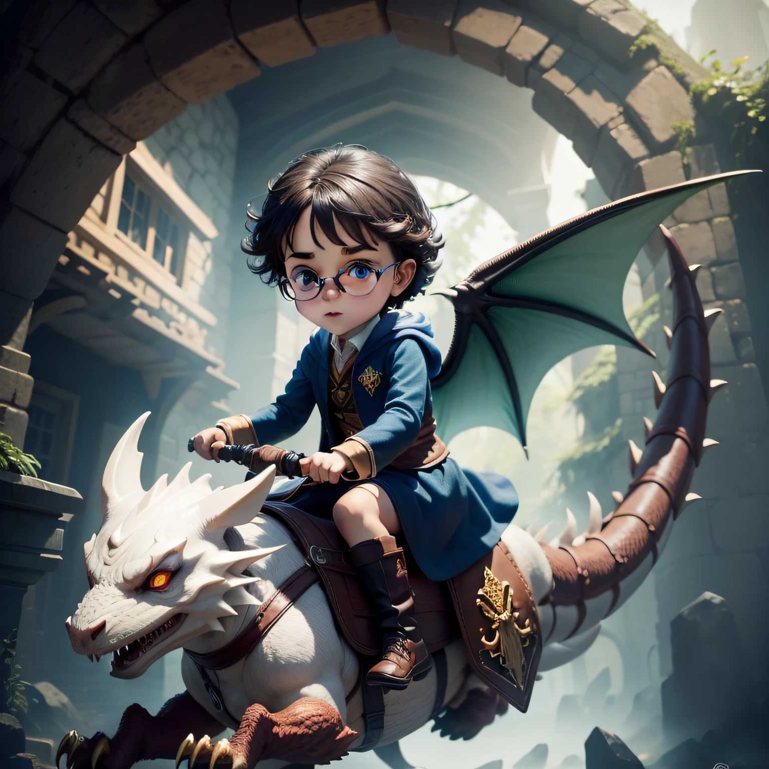 funko pop do harry potter, Riding a dragon, realista, cores fortes, Epic adventure, cizatriz na testa