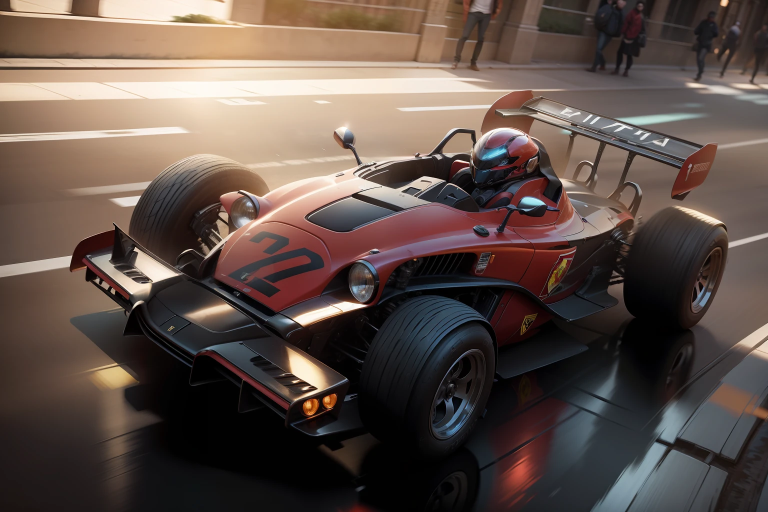 Uma Ferrari vermelha brilhante 312 B3 corre pela rua molhada, quase hiper-realista. The car is moving fast, with a motion blur in the background. The car is highly detailed, com reflexos, sombras e texturas. The image is an artistic style and has a sense of movement. Directed by Greg Rutkowski.